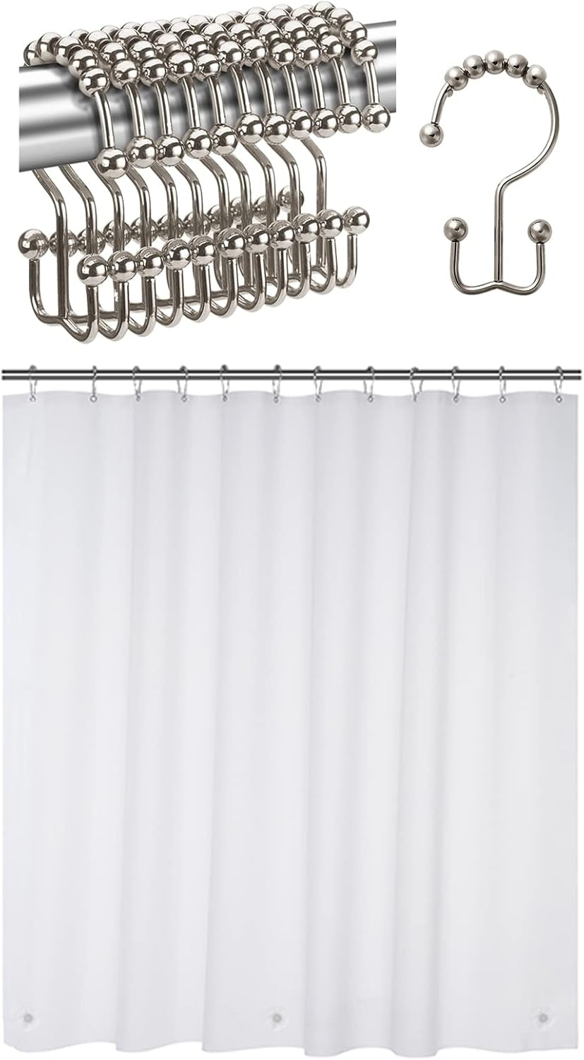 12 Pcs Shower Curtain Hooks and 72 X 72 Inches White Shower Curtain Liner