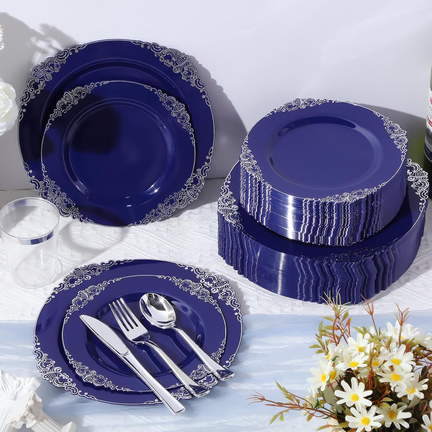 300-Piece Heavy-Duty Navy Blue Plastic Dinnerware Set with Silverware - Includes 50 Dinner Plates (10.2"), 50 Dessert Plates (7.5"), and 150 Silver Utensils for Weddings and Events