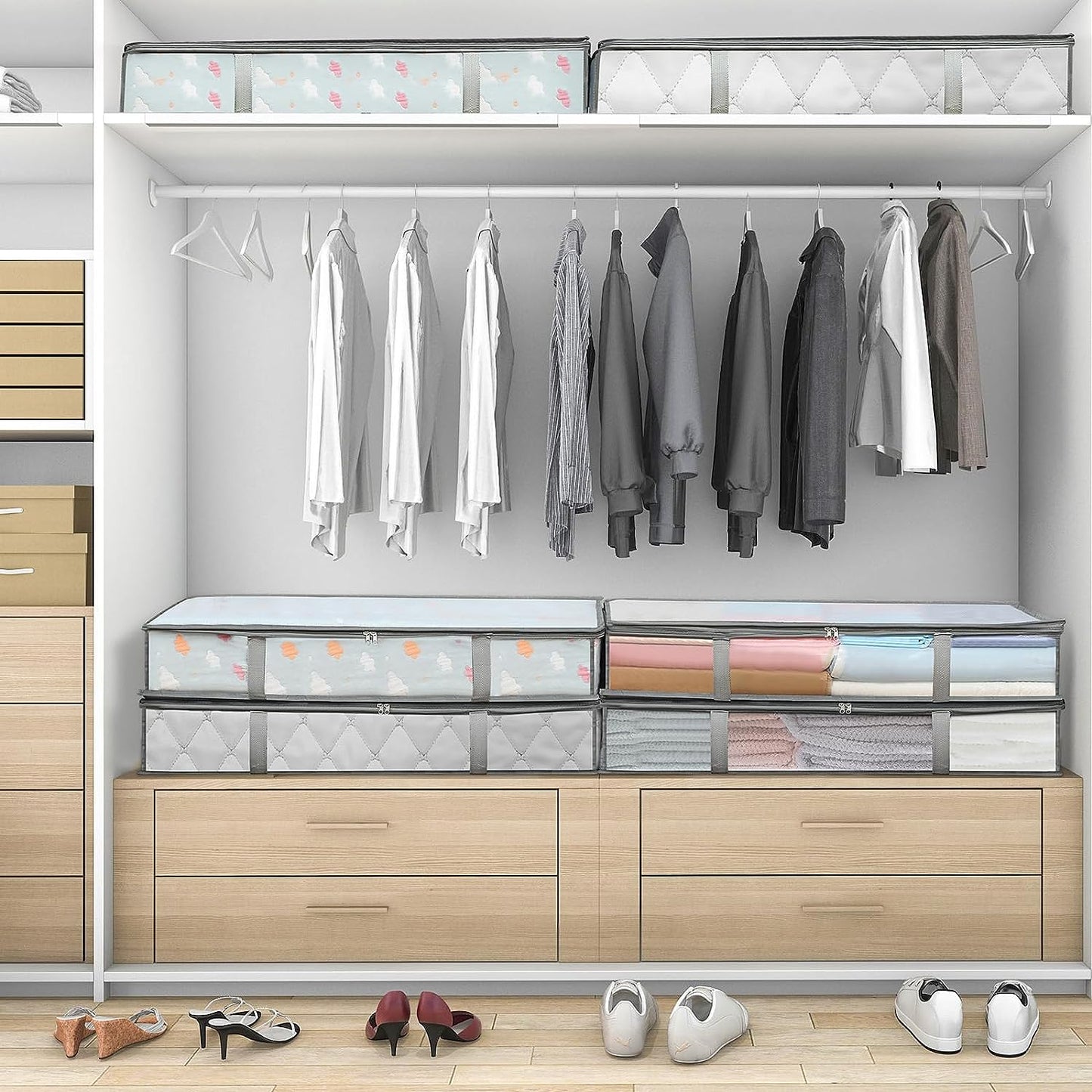 2 Pack under Bed Storage Containers Bins, Humid-Proof Plastic Underbed Storage Bins, Clothes Storage and Organization Bags, under the Bed Blanket Storage with Handles for Clothes, 35L