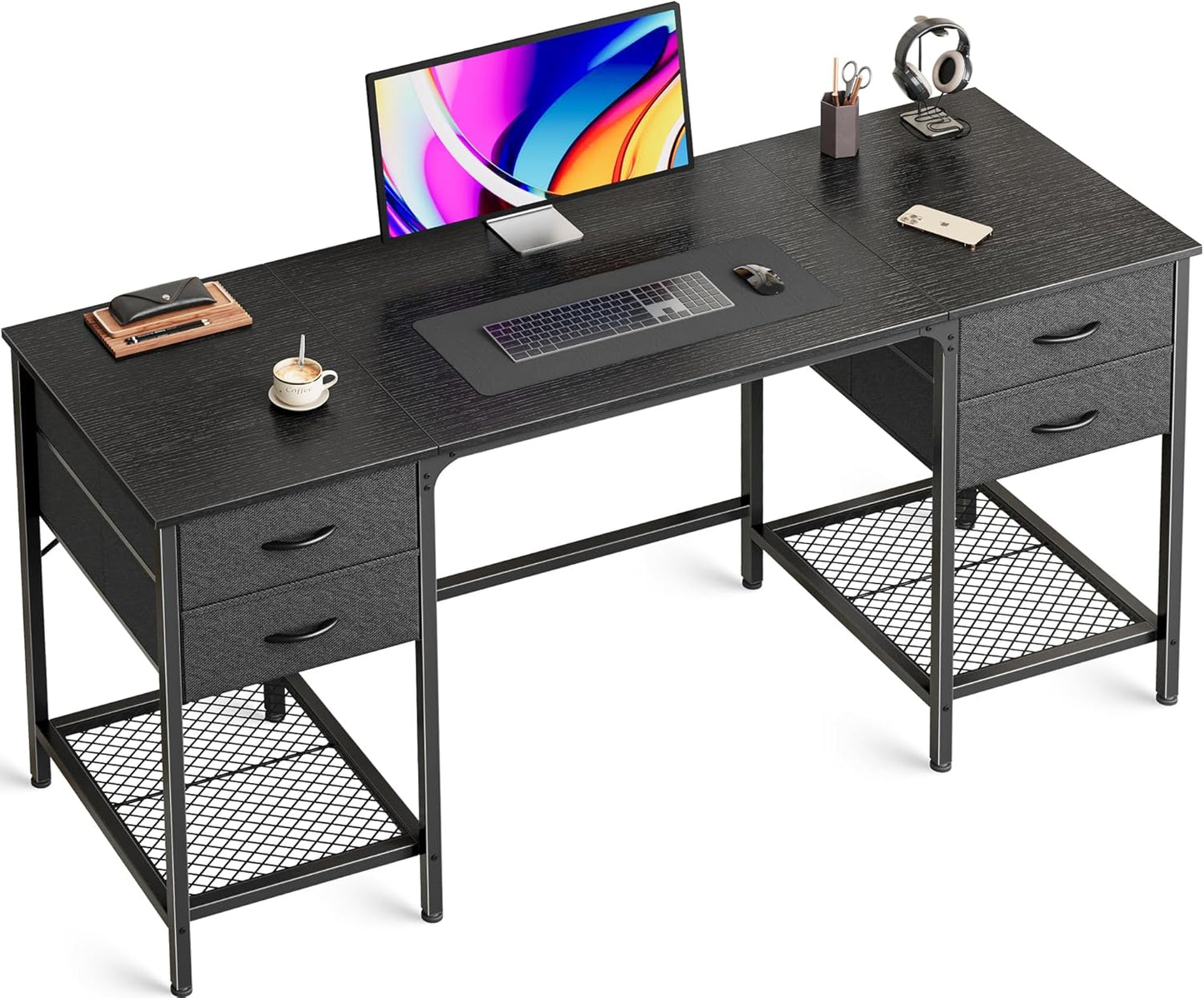 55-Inch Computer Desk with Four Drawers and Mesh Shelf for Home Office, Gaming, and Study Use