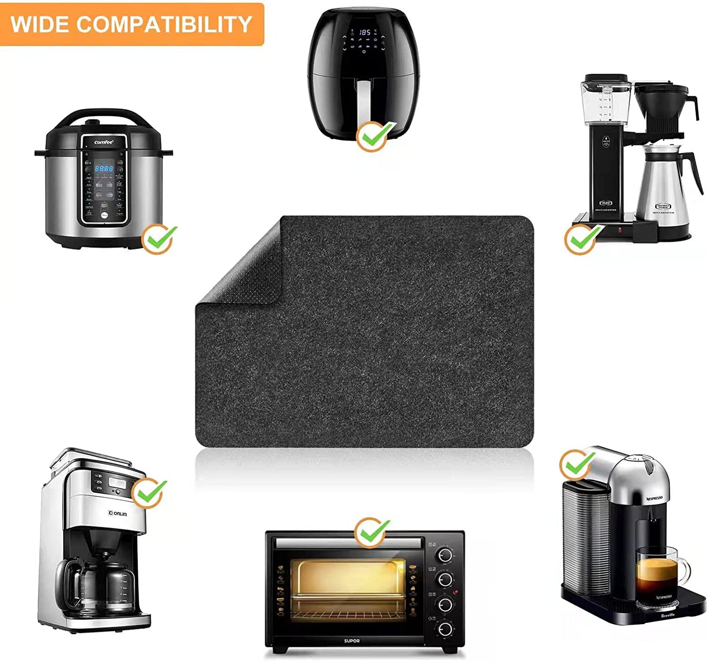 2 Pcs Heat Resistant Mat for Air Fryer, Coffee Maker, Toaster - Black Rectangular Felt & Silicone Countertop Protector with Sliding Function