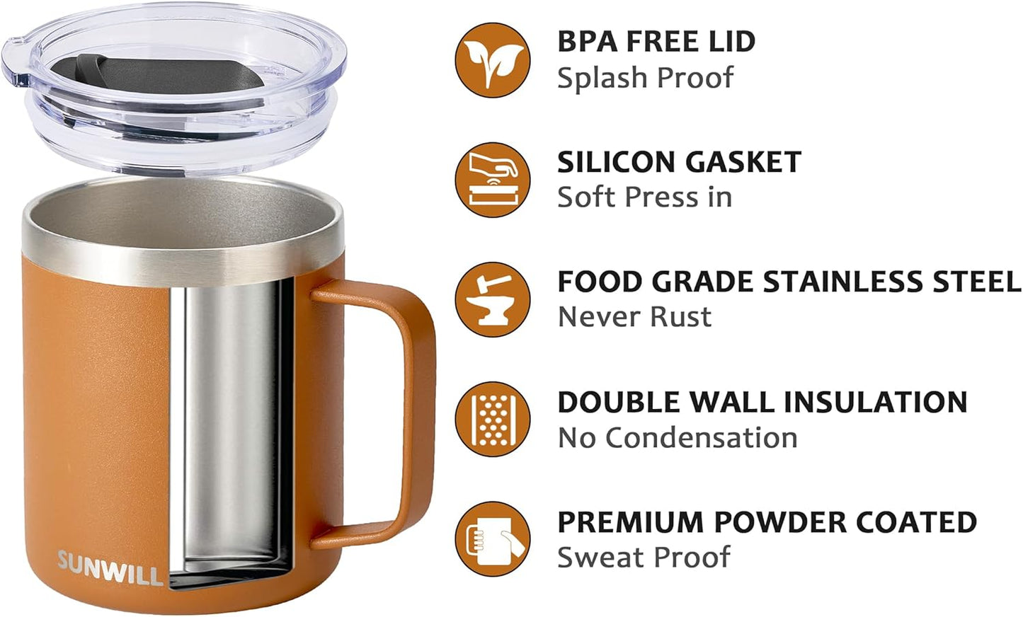 Insulated Coffee Mug with Lid, Travel Tumbler with Handle, 14 Oz Stainless Steel Cup for Camping, Office, Home, Powder Coated Caramel
