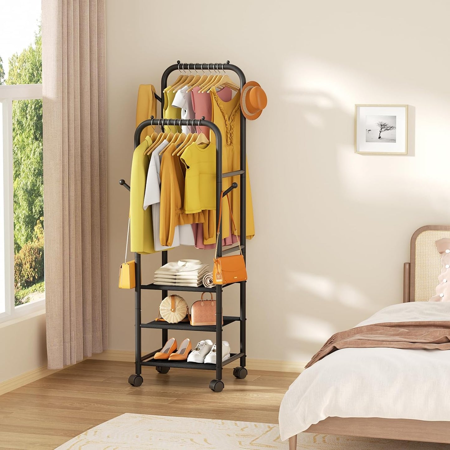 Rolling Clothing Racks for Hanging Clothes, Double Rods Clothes Rack with Wheels, Sturdy Coat Racks,Portable Metal Garment Rack for Bedroom Laundry Living Room, Black