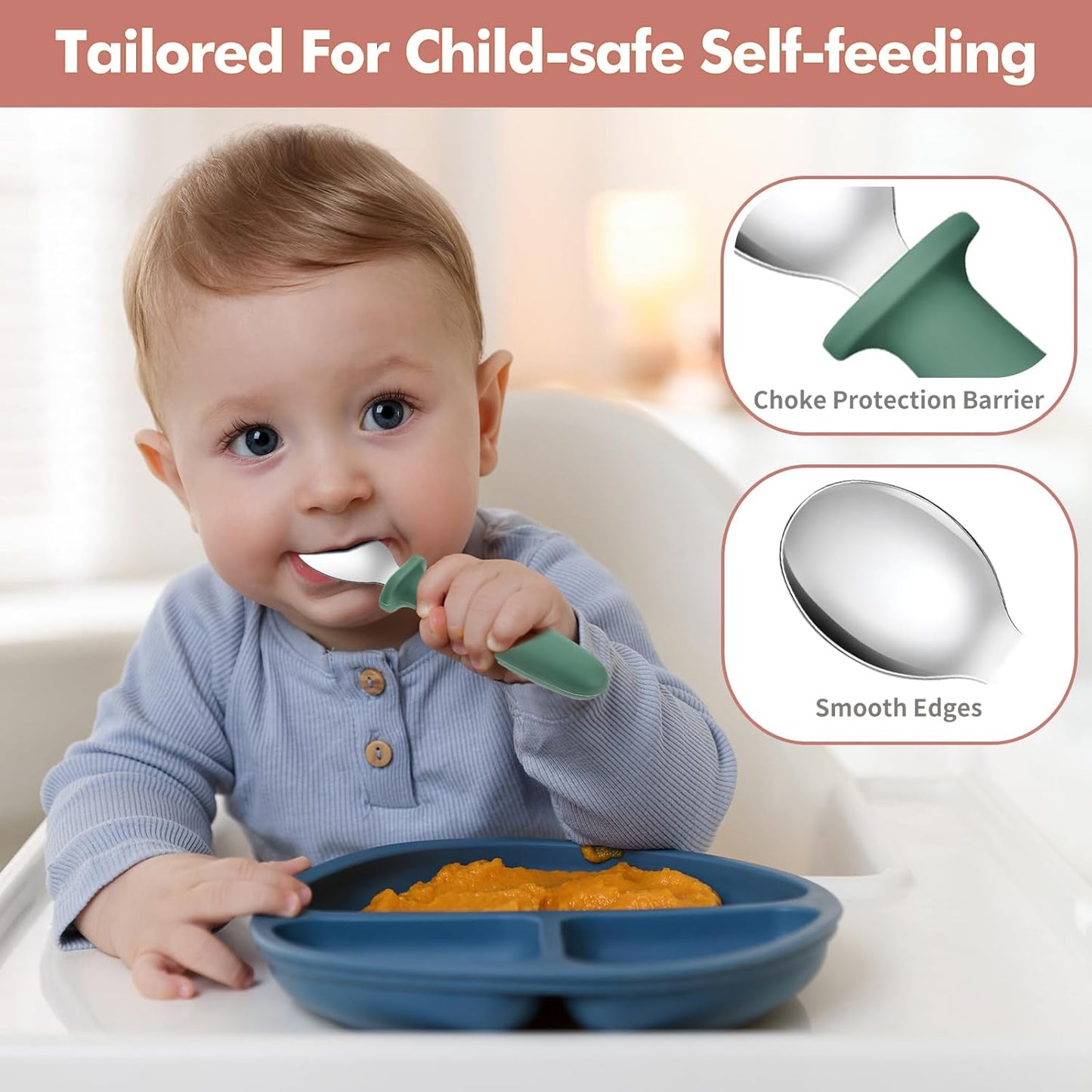 8-Piece Toddler Spoon Set - Safe and Durable Silicone Handle Utensils for Self-Feeding, Made from Food-Grade 18/8 Stainless Steel, Dishwasher Safe with Anti-Choke Design