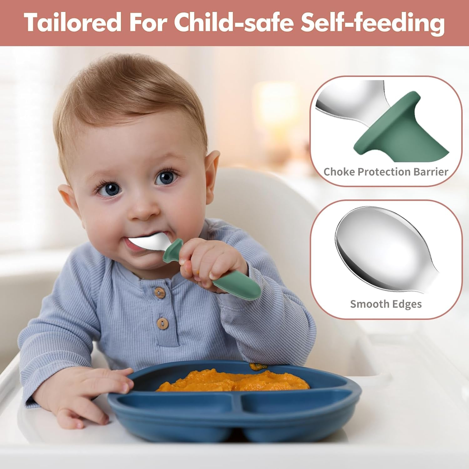 8-Piece Toddler Spoon Set - Safe and Durable Silicone Handle Utensils for Self-Feeding, Made from Food-Grade 18/8 Stainless Steel, Dishwasher Safe with Anti-Choke Design