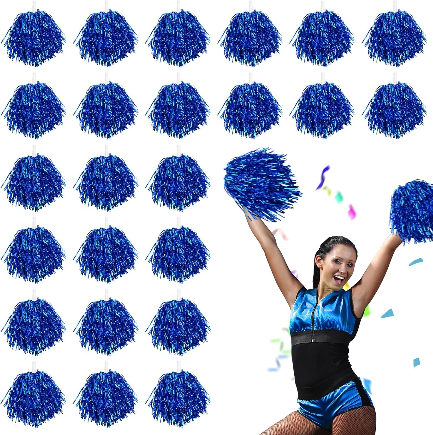 24Pcs Metallic Pom Poms Cheerleading with Baton Handle Cheer Pom Poms for Kids Adults Cheering Party Dance Sportsteam Spirit Sports(Blue)