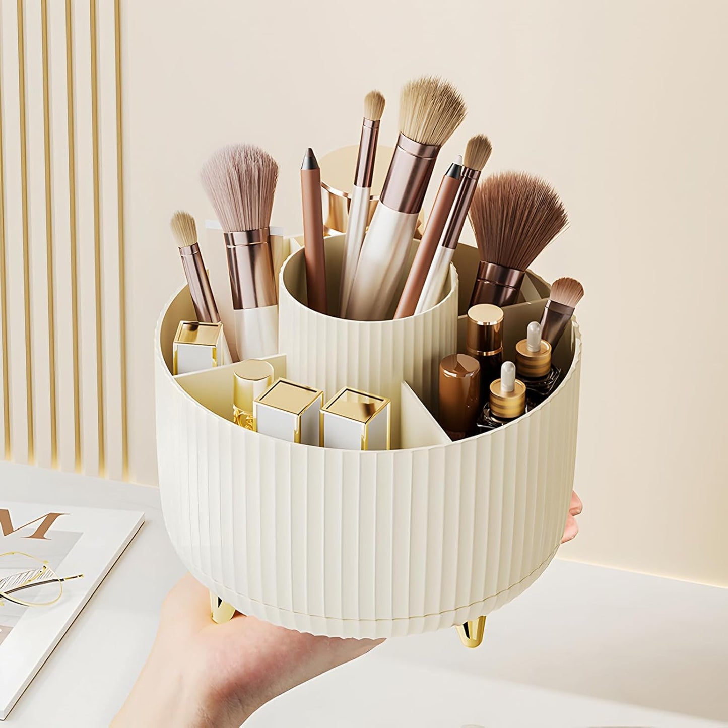 Makeup Brush Holder Organizer,360° Rotating Makeup Brush Organizer,5 Slot Make up Brushes Cup for Cosmetics, Nail Polish, Art Supply, Bathroom Vanity Desktop Organizer - Cream