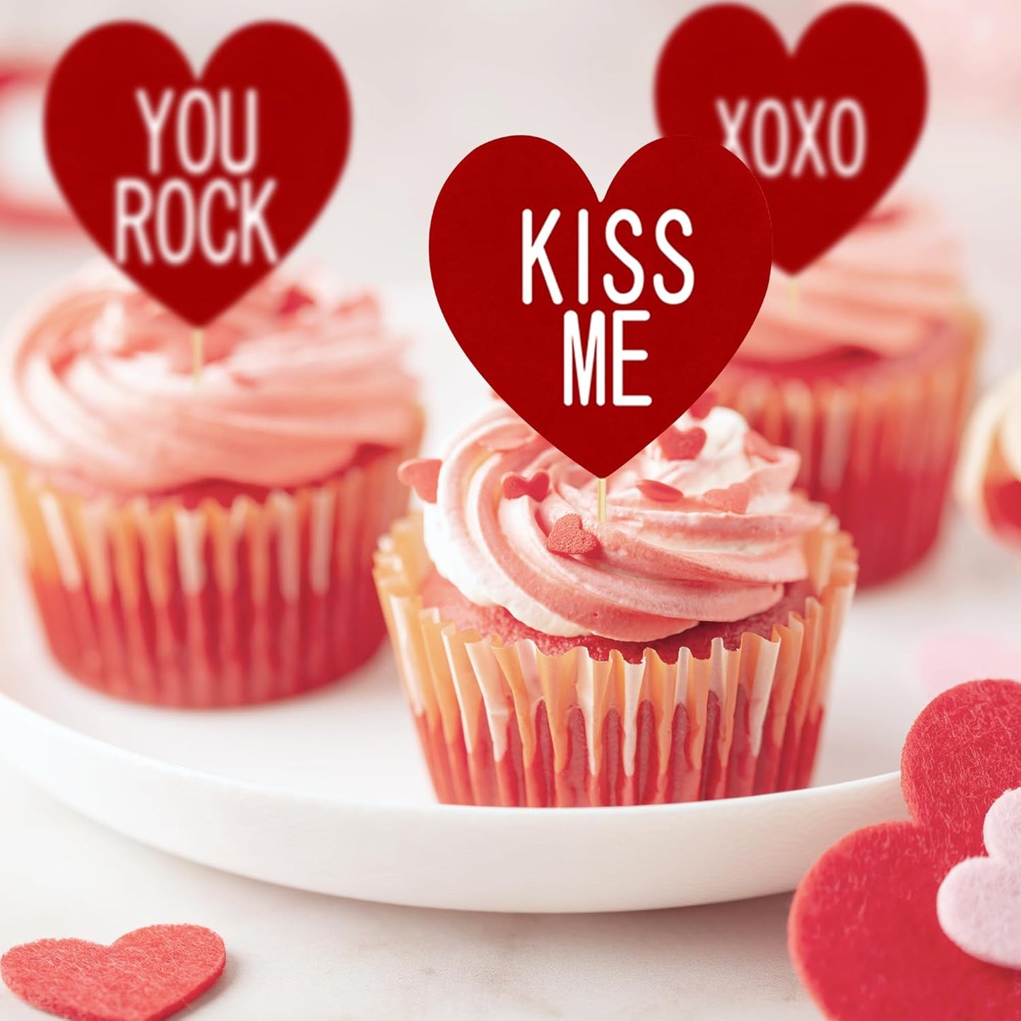 24 PCS Valentines Cupcake Toppers, 4.53 in Conversation Red Cake Toppers, "LOVE" "KISS ME" Design Heart Cupcake Toppers Valentines Day Cake Toppers, Wedding Cake Decor Valentine Cupcake Decorations