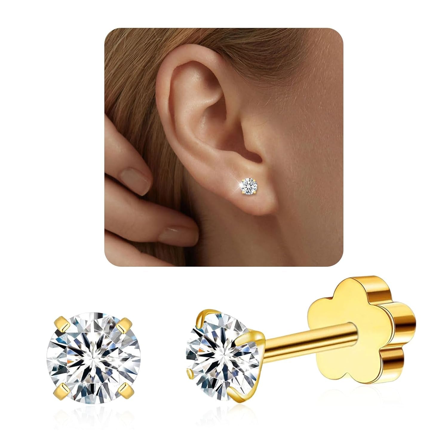 3Mm Gold CZ Tiny Stud Cartilage Flatback Earrings, Plated Flat Back Cubic Zirconia Earrings for Helix Cartilage Tragus Earlobe Piercing Jewelry Gift for Women Men (Golden, 3Mm)