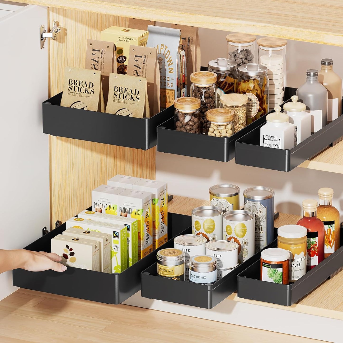 3 Pack Pull Out Cabinet Organizer, 15.7" Deep Pull Out Drawers for Cabinets, Slide Out Drawers for Kitchen Cabinets, Bathroom Cabinet Organizer, Pantry (Black)