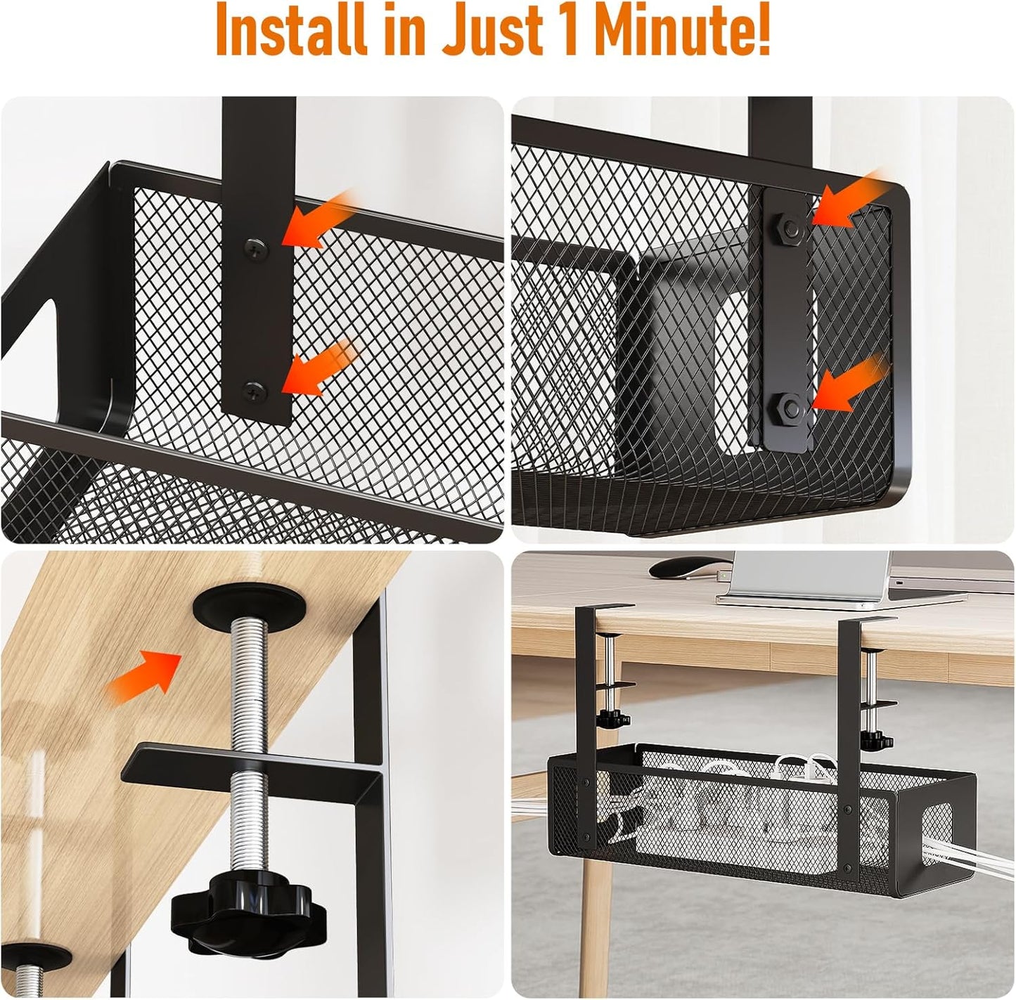 under Desk Cable Management Tray - Cable Management Tray No Drill with F-Clamp Design, Metal Mesh Cord Organizer, Sturdy Wire Organizers for Cords for Home Office Standing Desk, Black