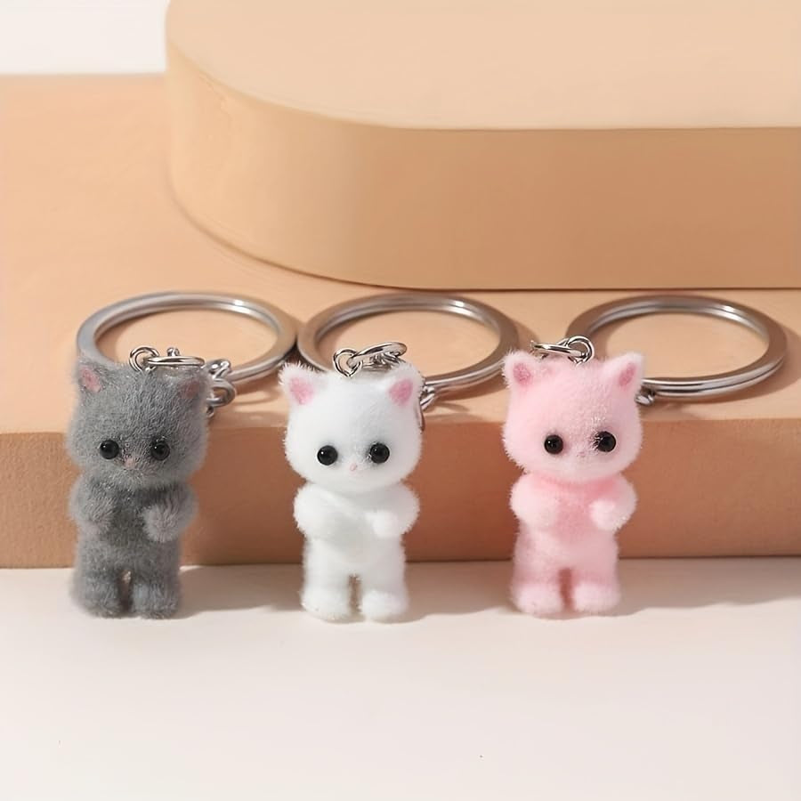 Cute Cat Keychain Fluffy Gray Kitten Animal Resin Key Chain Ring Purse Bag Backpack Charm Earbud Case Cover Accessories