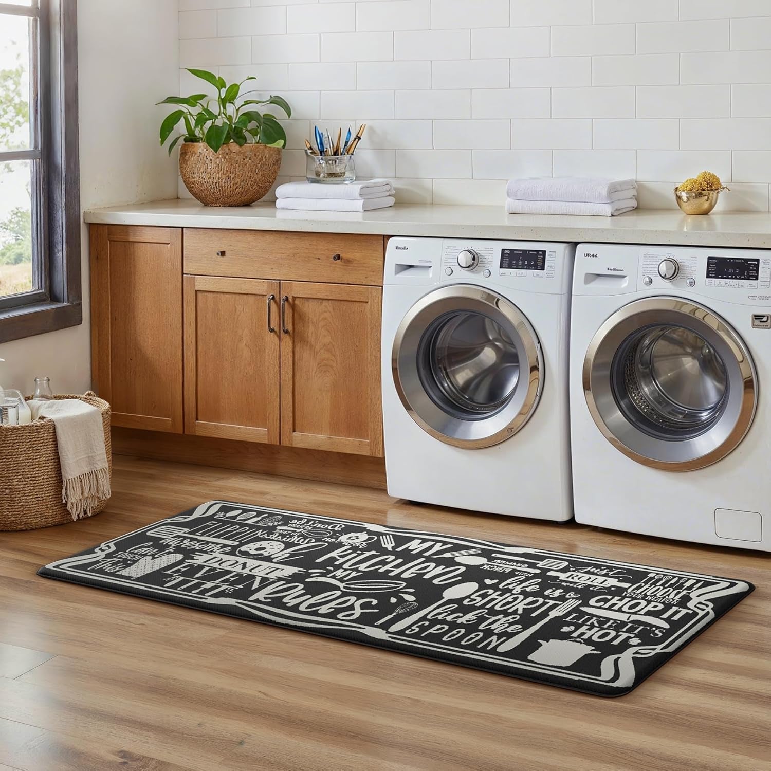 anti Fatigue Kitchen Mats for Floor, Non Slip Washable Kitchen Rules Theme Rugs Sets of 2, Farmhouse Cushioned Waterproof Comfort Runner Rug for Kitchen, Sink, Laundry, 17"X 47"+17"X 30", Black