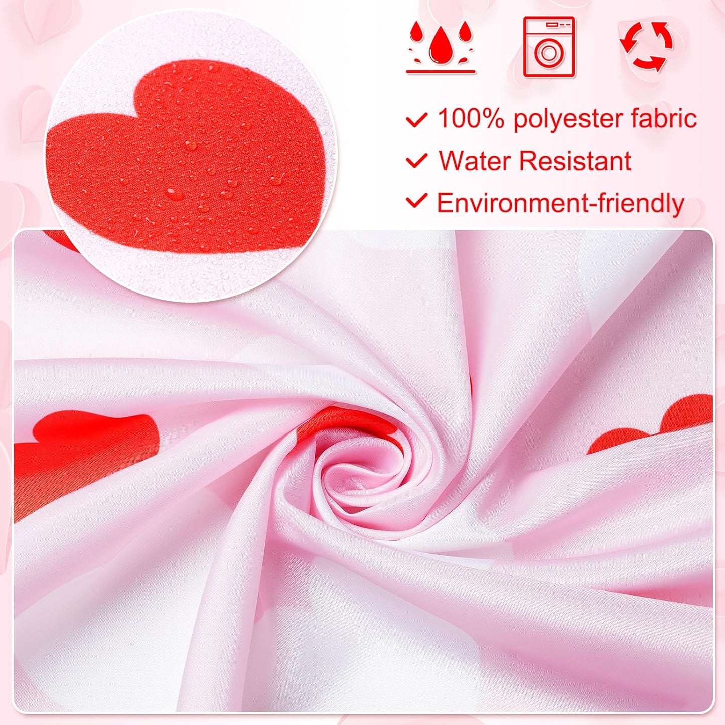71 X 71 Inches Valentines Shower Curtain Red and White Love Heart Theme Romantic Bathroom Curtain Waterproof Polyester Curtain with Hooks Set for Valentine'S Bathroom Decorations