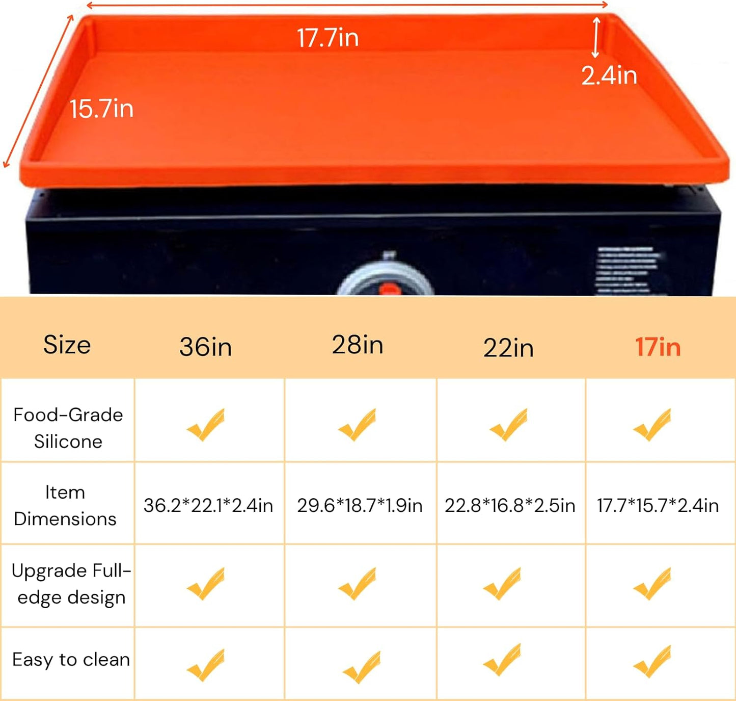 17 Inch Griddle Cover Mat for Blackstone Griddle, Full Wrap-Around Protection Griddle Accessories, Food Grade Silicone Grill Mat, Orange