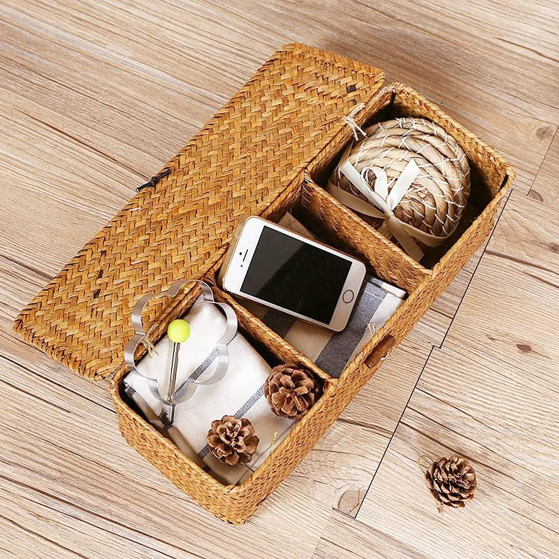 Seagrass Tank Basket with Lid Woven Toilet Roll Storage Basket with Sections Rectangular for Organize Snack Toys Tampon (Large Compartment 16.5Inch L X 5.5Inch W X 5.5Inch H) Natural