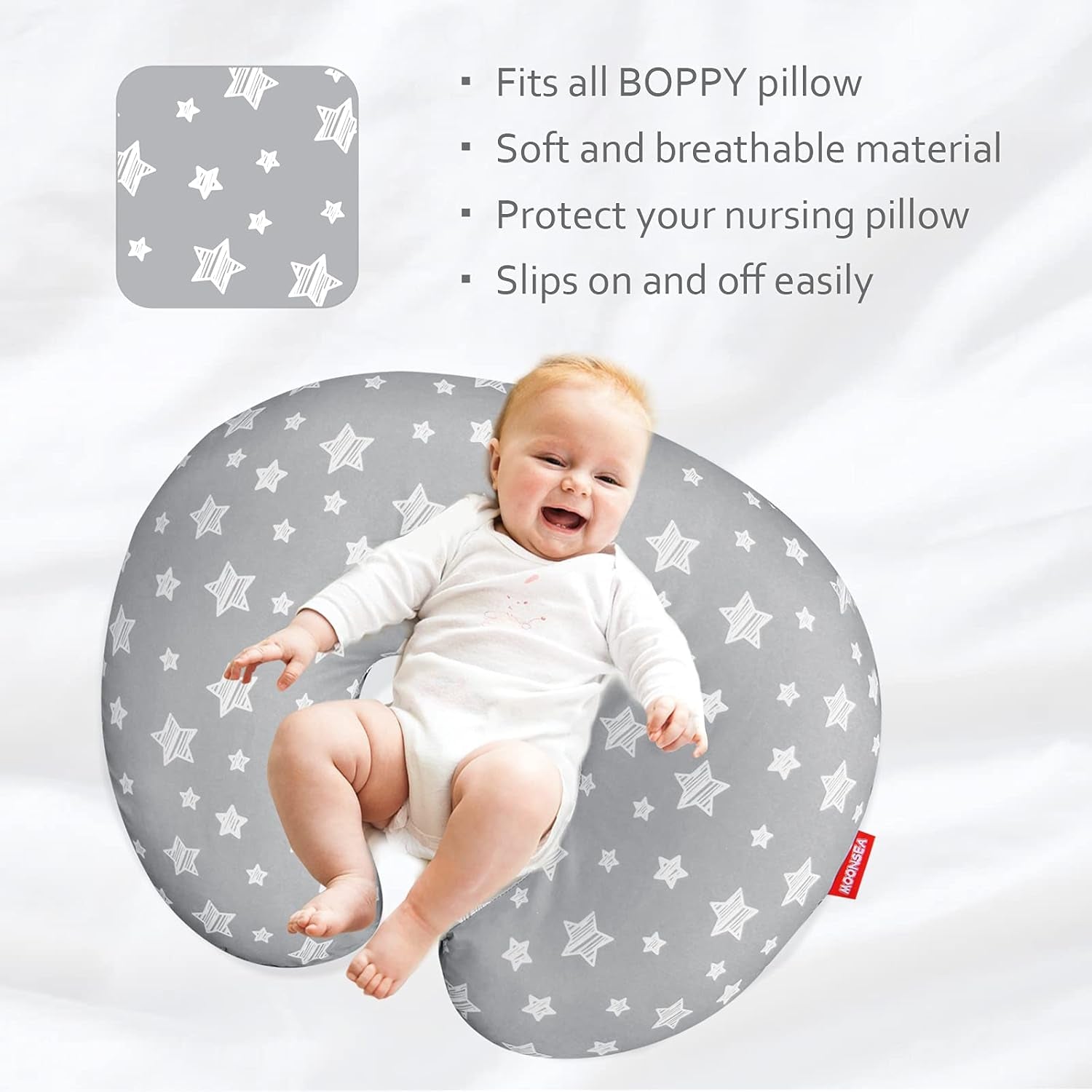 Nursing Pillow Cover for Baby Snug Fits Boppy Nursing Pillows, Super Soft, for Breastfeeding Moms, Grey Star