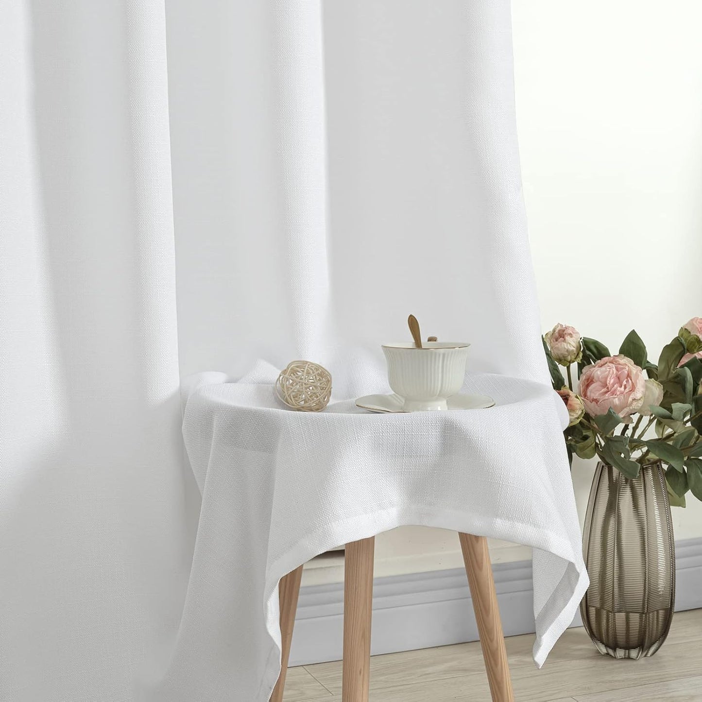 White Linen Curtains 84 Inches Long 2 Panels, Semi Sheer Light Filtering Privacy Neutral Panels Grommet Faux Linen Textured Opaque Drapes for Bedroom/Living Room, 52 X 84 Inch