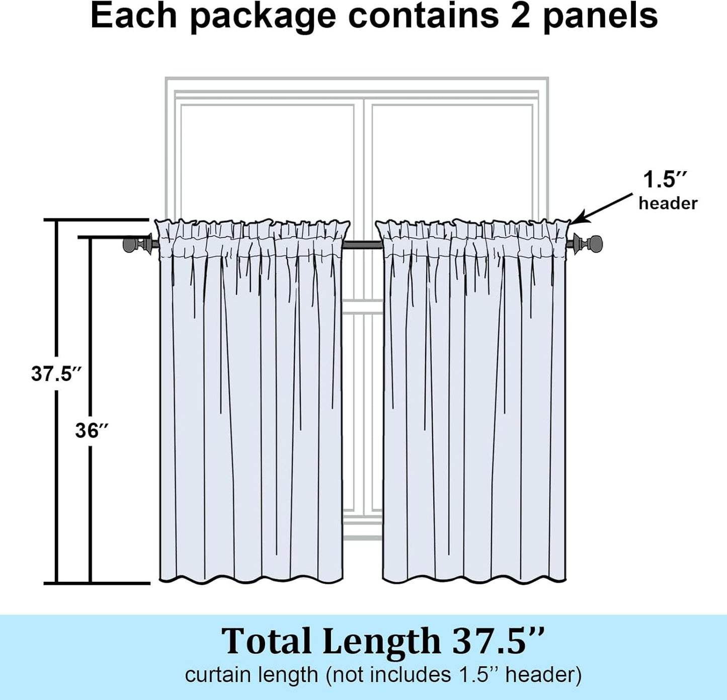 Black Sheer Kitchen Curtains 36 Inch Length Tier Curtains 2 Panels, Light Filtering Geometric Jacquard Clip Textured Semi Sheer Short Window Curtains for Bathroom, 42X36 Inch