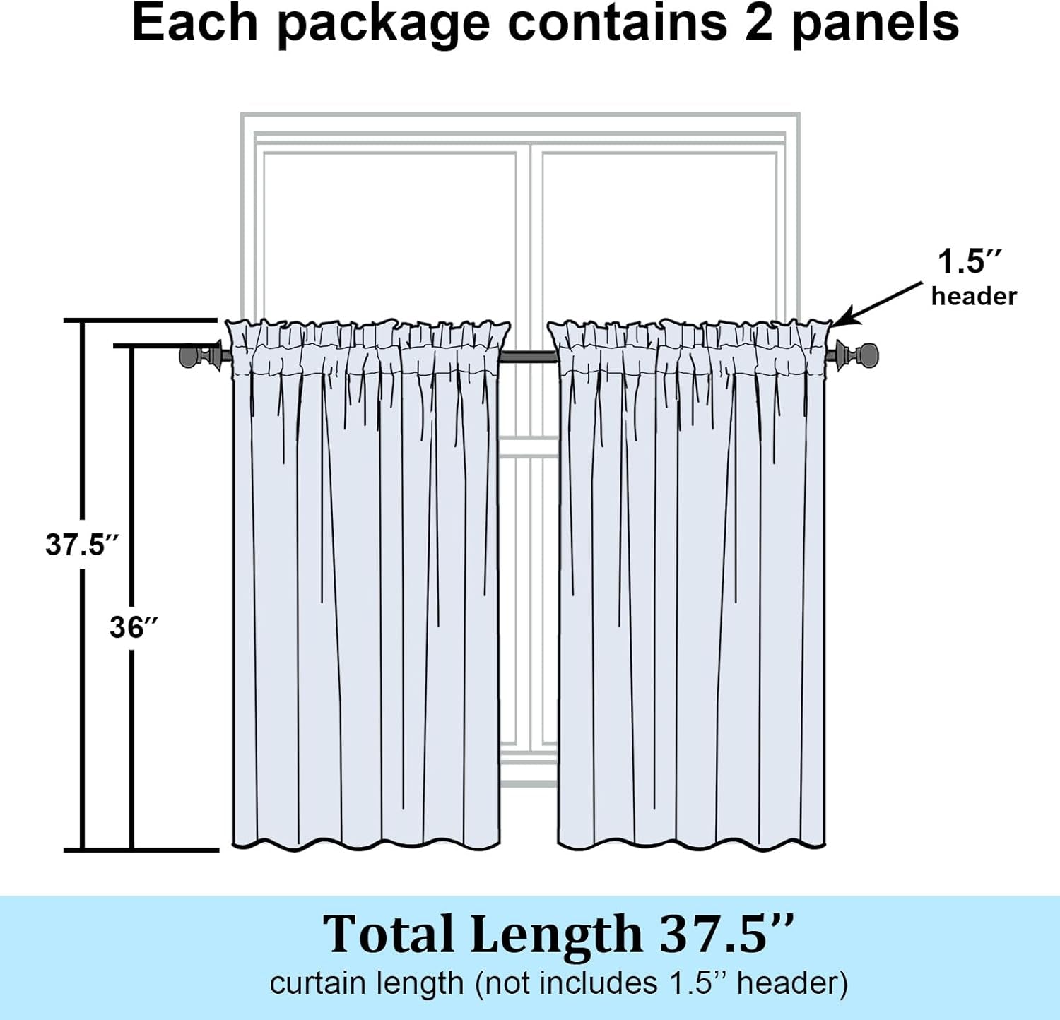 Black Sheer Kitchen Curtains 36 Inch Length Tier Curtains 2 Panels, Light Filtering Geometric Jacquard Clip Textured Semi Sheer Short Window Curtains for Bathroom, 42X36 Inch