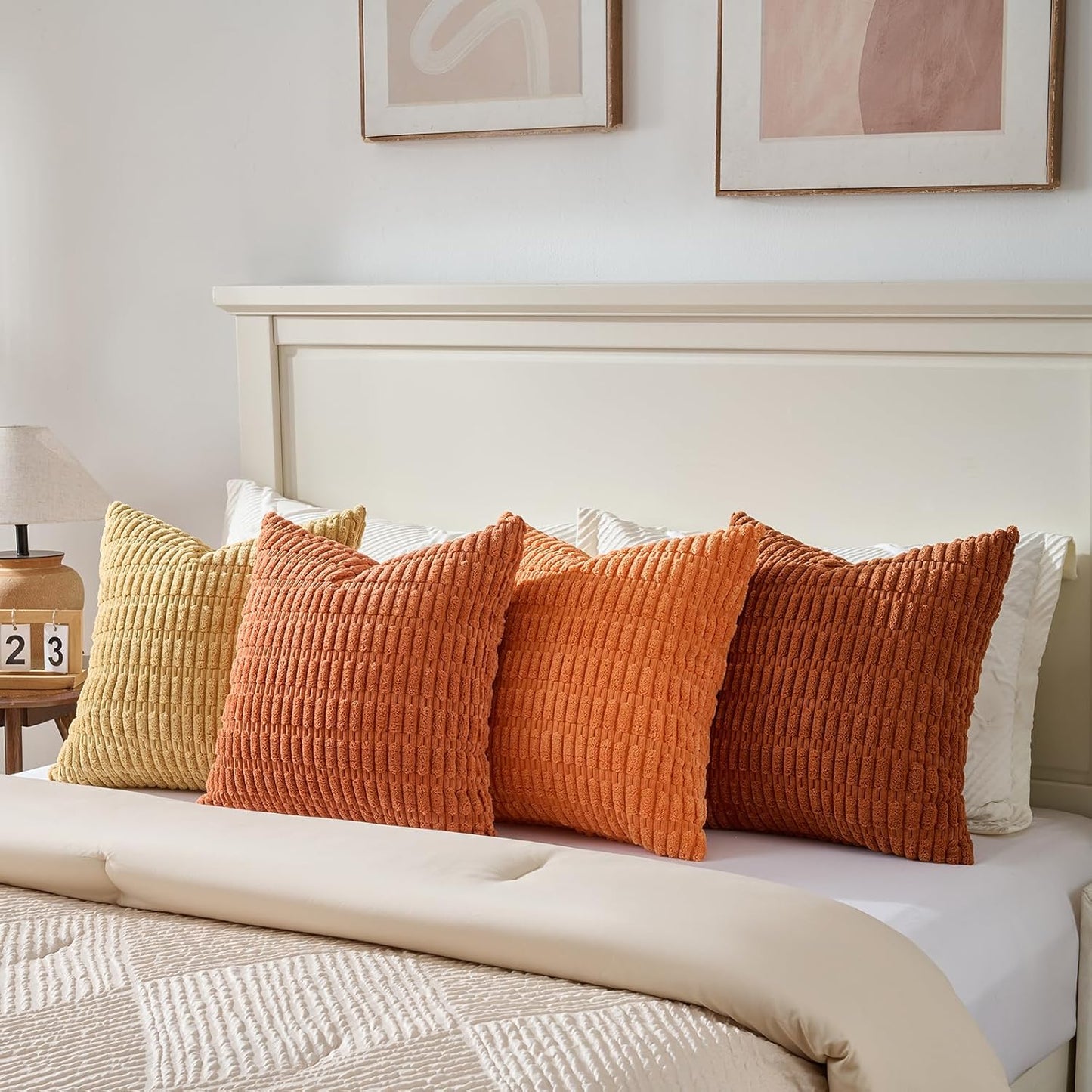 Set of 4 Burnt Orange Fall Decorative Throw Pillow Covers 18X18 Inch for Couch Bed Chair, Modern Farmhouse Boho Room Decor, Soft Fuzzy Corduroy Textured Striped Cushion Case 45Cm