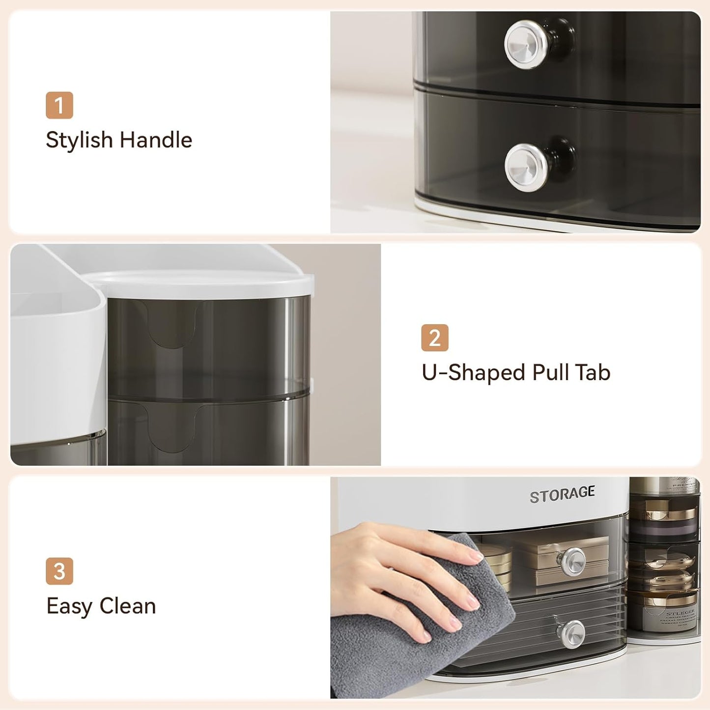 Makeup Organizer with Drawers, Cosmetic Storage for Dresser Bathroom Countertop, Include 4-Tier Rotating Jewelry Box for Brushes, Skincare, Perfume, Office, Earring, Jewelry Organizer, White