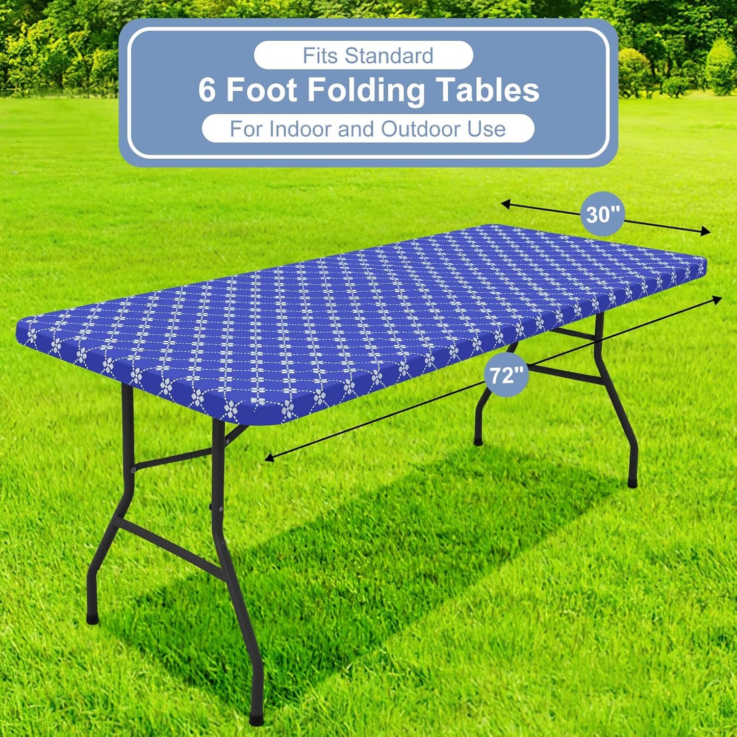 Rectangle Vinyl Table Cloth, Elastic Fitted Tablecloth with Flannel Backing, Waterproof Plastic Table Cover Fits 6 Foot Folding Tables for Camping, Indoor and Outdoor (Blue, 30" X 72")