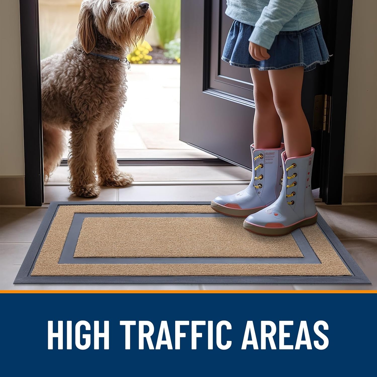 Front Door Mat Indoor Outdoor Entrance, Waterproof All-Season, All-Weather Doormat, Sturdy Natural Rubber, Fade Resistant, Low Profile, Easy Clean Patio Porch Entryway Mat, 29.5X17, Light Brown