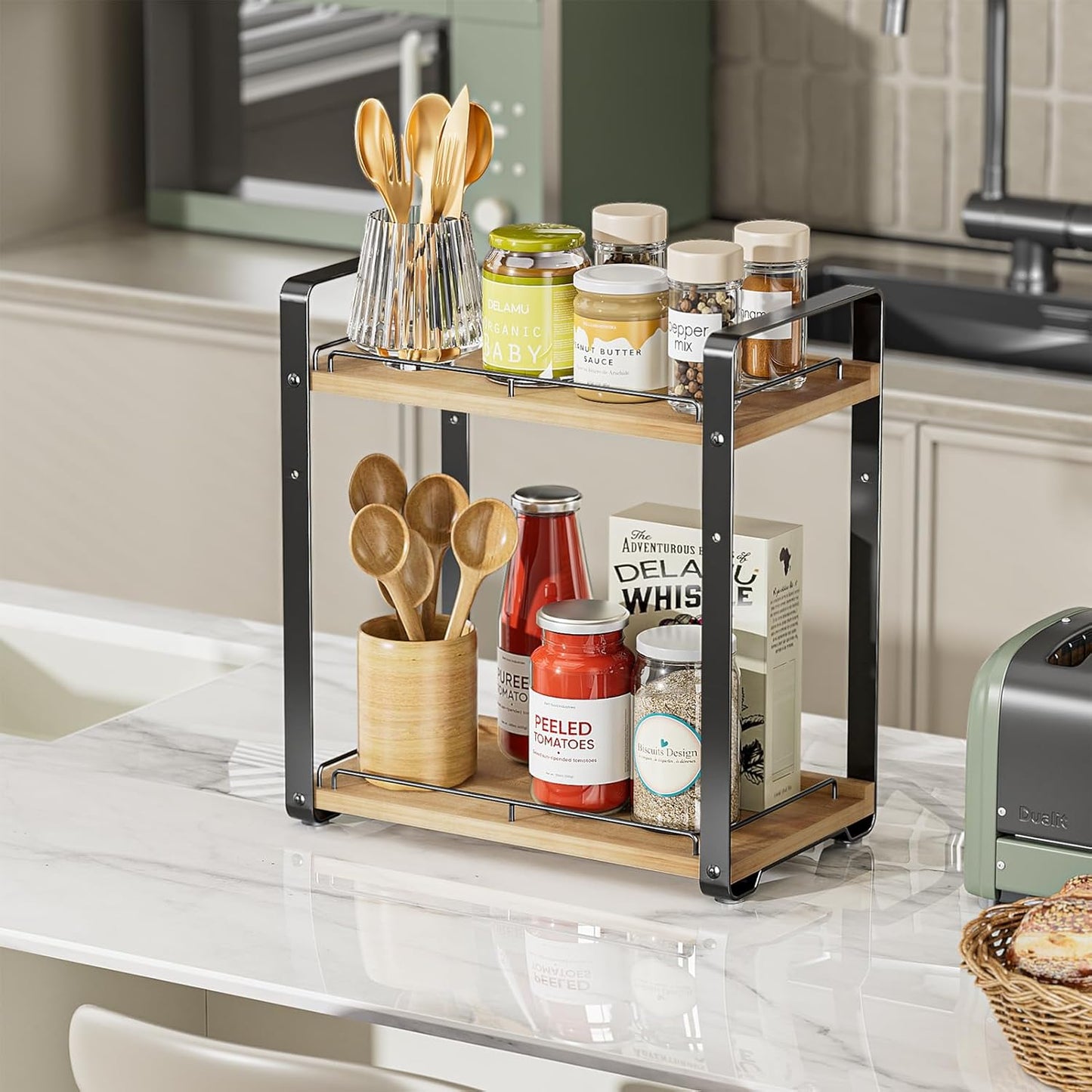 2-Tier Bathroom Counter Organizer, Wood Vanity Organizer Countertop for Skincare & Makeup, Multi-Purpose Vanity Bathroom Shelf for Coffee Station Kitchen Storage and Organization