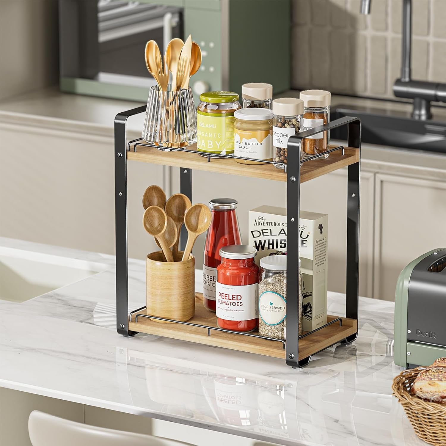 2-Tier Bathroom Counter Organizer, Wood Vanity Organizer Countertop for Skincare & Makeup, Multi-Purpose Vanity Bathroom Shelf for Coffee Station Kitchen Storage and Organization