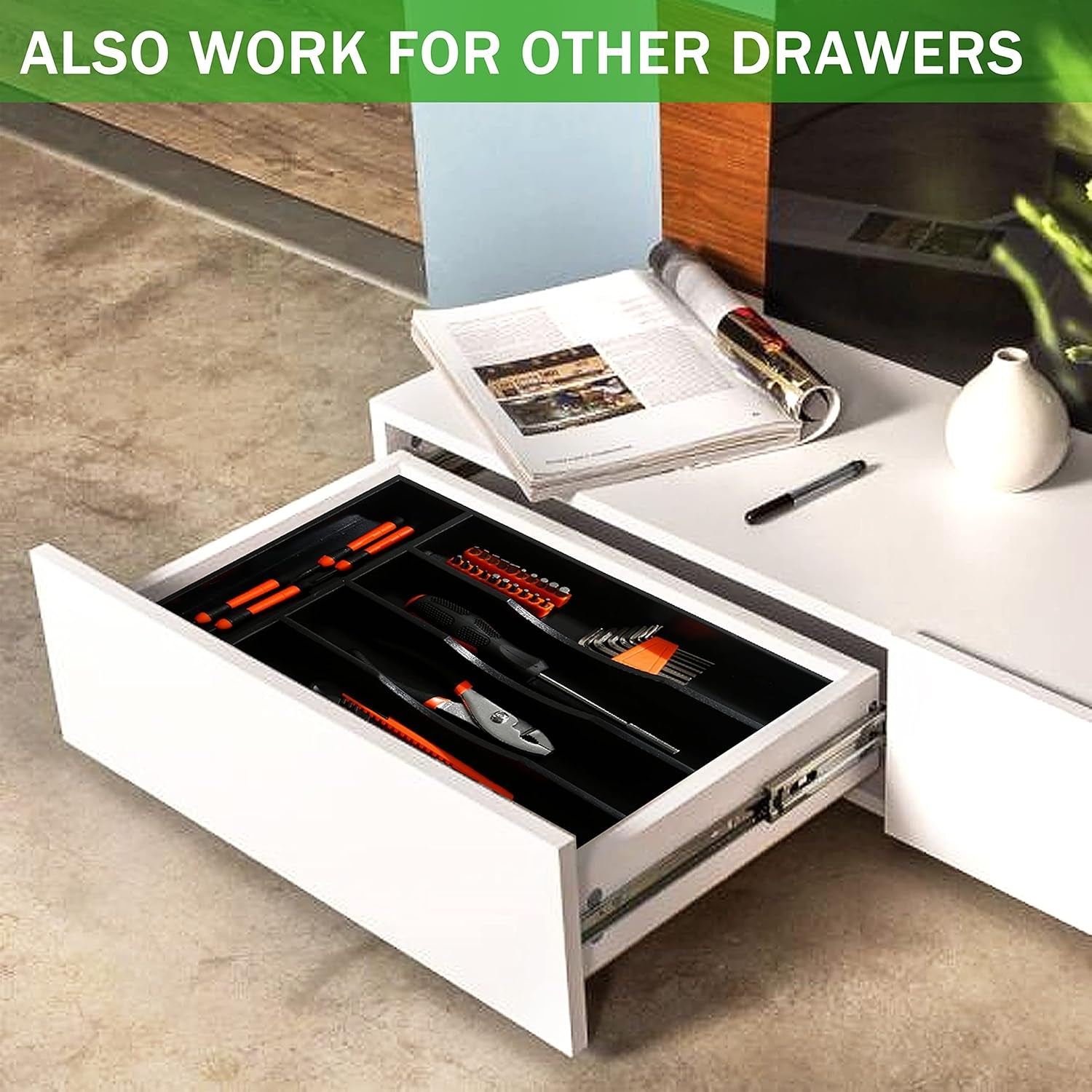 Black Silverware Organizer 10 in Utensil Organizer Silverware Tray for Drawer Cutlery Flatware Organizer for Kitchen Bamboo Wood