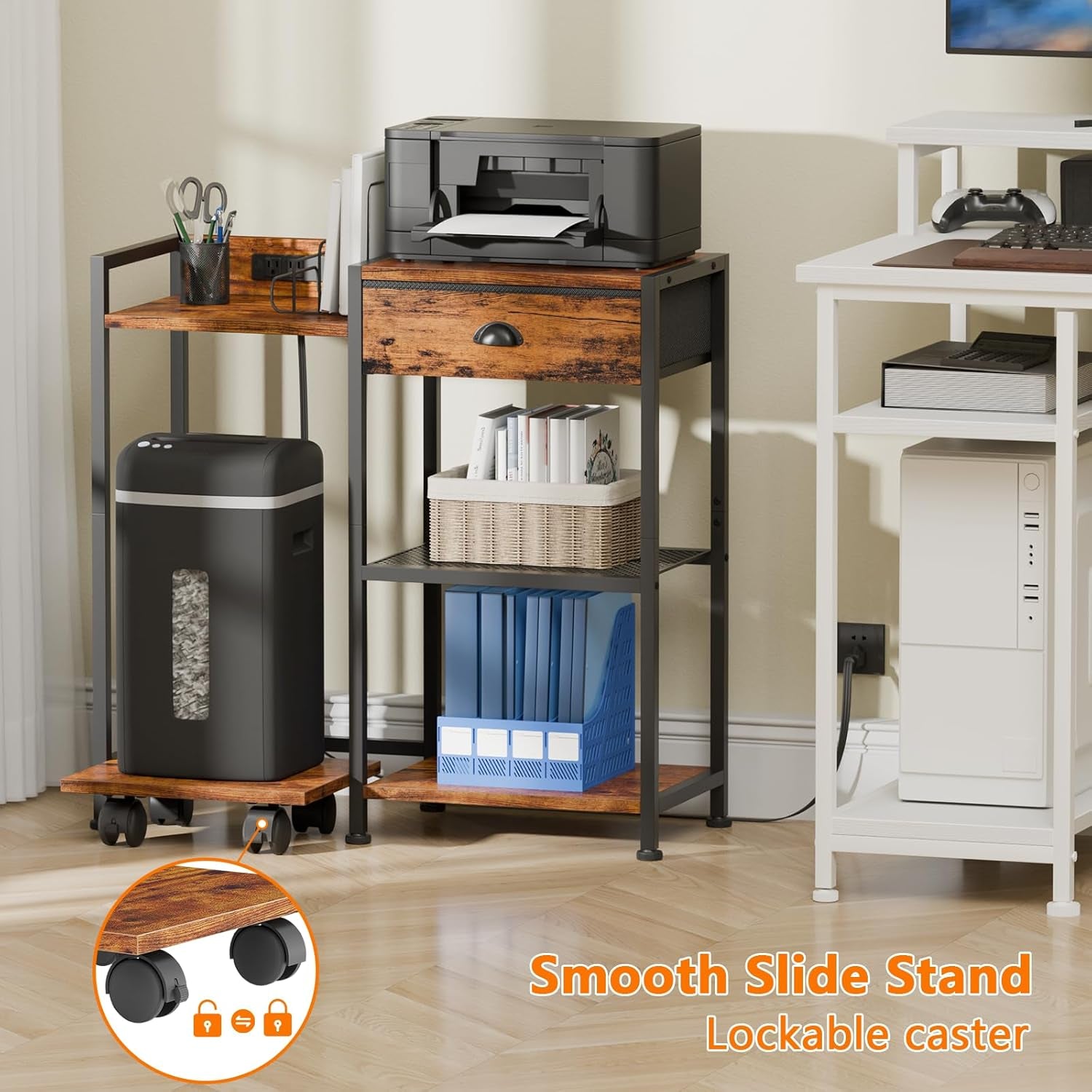 Printer Stand with Storage Drawer,Printer Table with Charging Station and USB Port,Industrial 3 Tier Shelf, Shredder Stand with Wheels,For Home Office,Rustic Brown