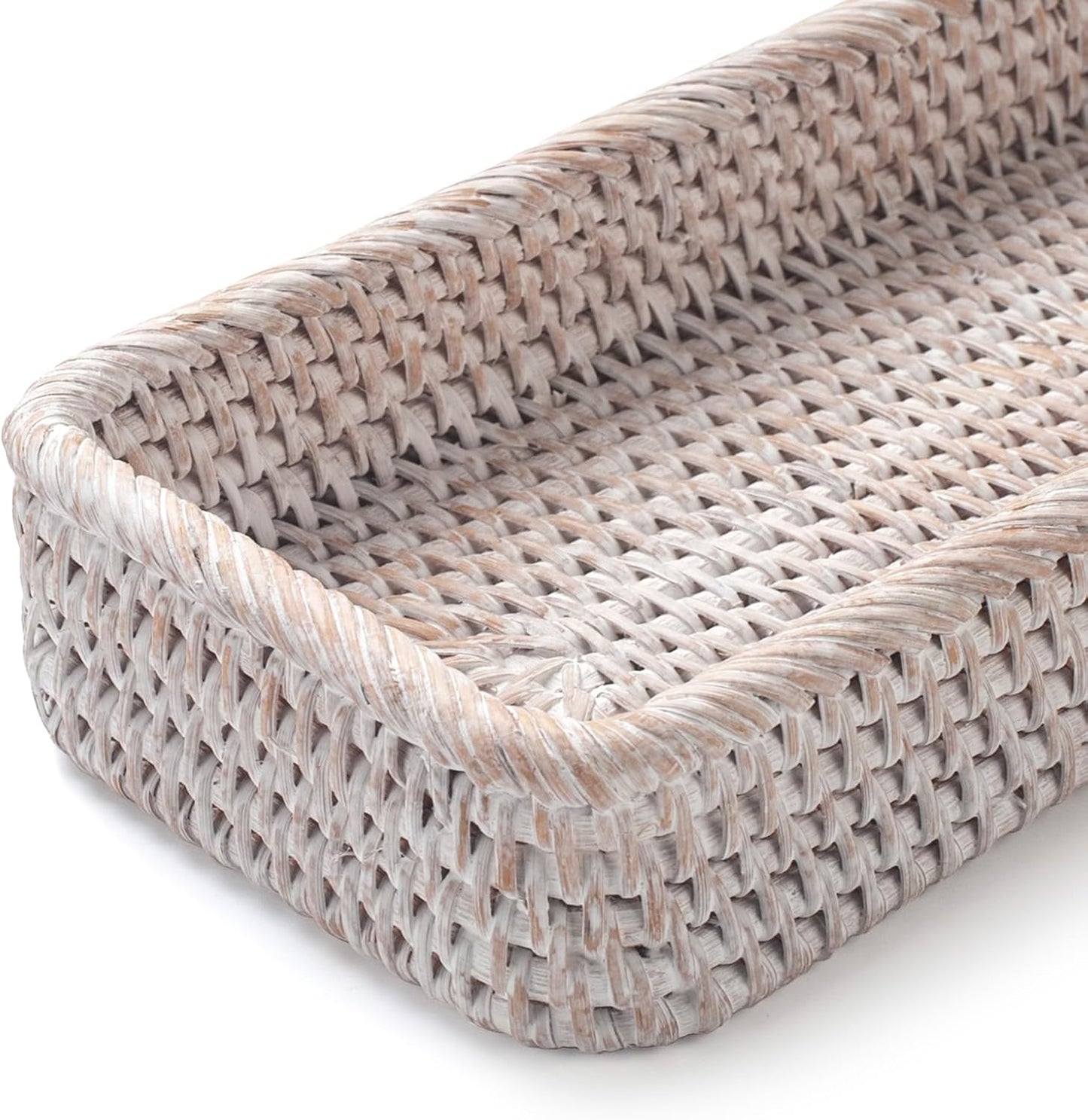 Rattan Bathroom Vanity Trays Toilet Tank Baskets Long Narrow Hand Towel Storage Basket for Storage, Decorative (Whitewash 10.2 X 4.9 X 1.6 Inch)
