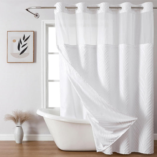 No Hook Shower Curtain and Liner Set,No Hook Tufted Striped Textured Shower Curtain with Snap in Liner Replacement and Waterproof Fabric,Boho Style with See through Top Window,White,71Wx74H