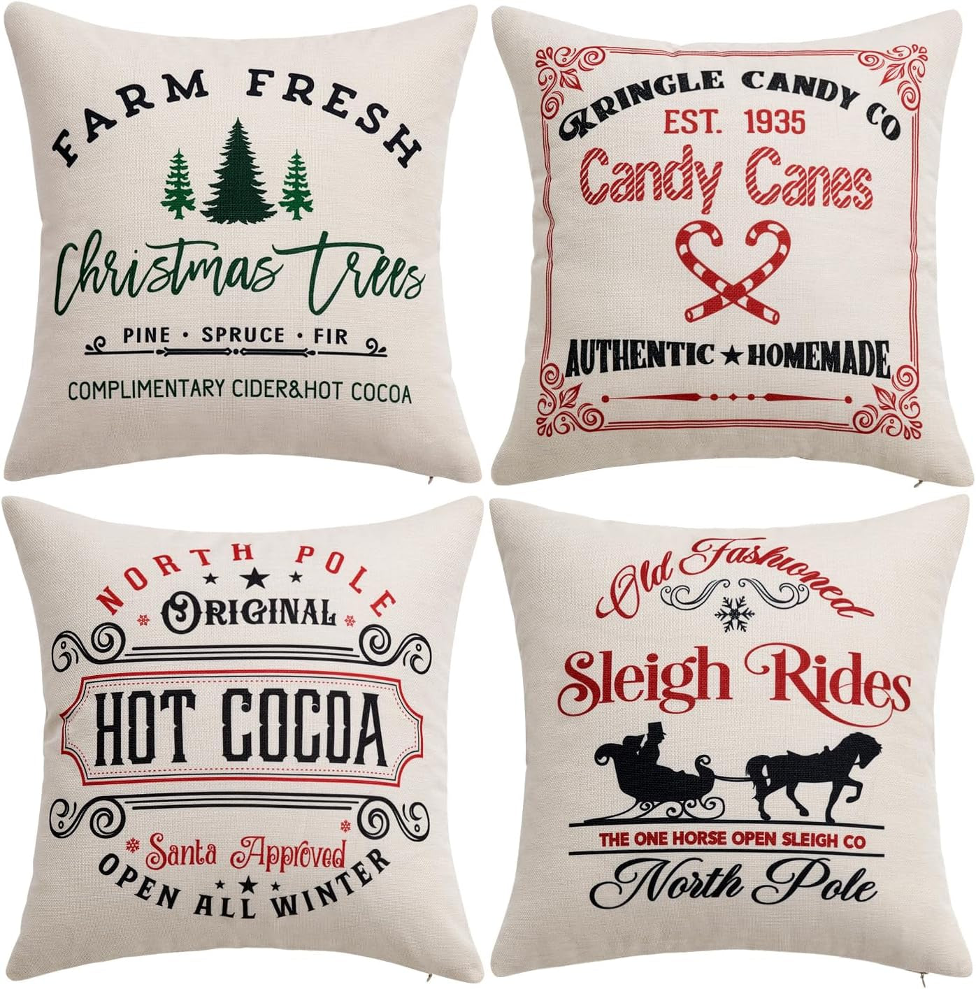 Set of 4 Holiday White Decorative Pillow Covers 18X18 Inch Candy Canes Sleigh Christmas Tree Throw Pillow Cases Winter Seasonal Cushion Cases Home Decors for Sofa Couch Bedroom