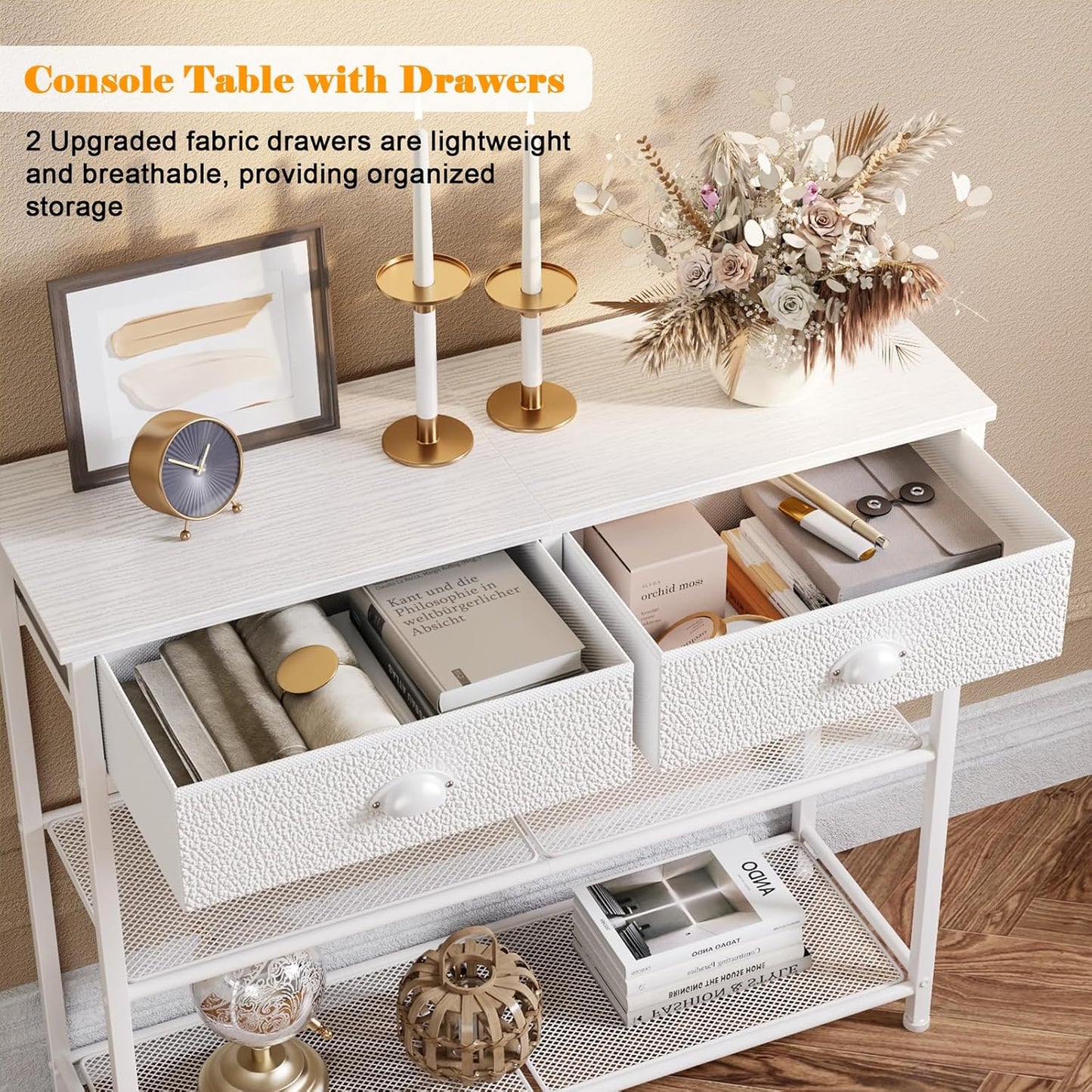 30'' Entryway Table, White Console Table with Storage, Narrow Sofa Table with 2 Drawers and 2 Shelves for Hallway, Living Room, Bedroom, Foyer, Couch, Tv
