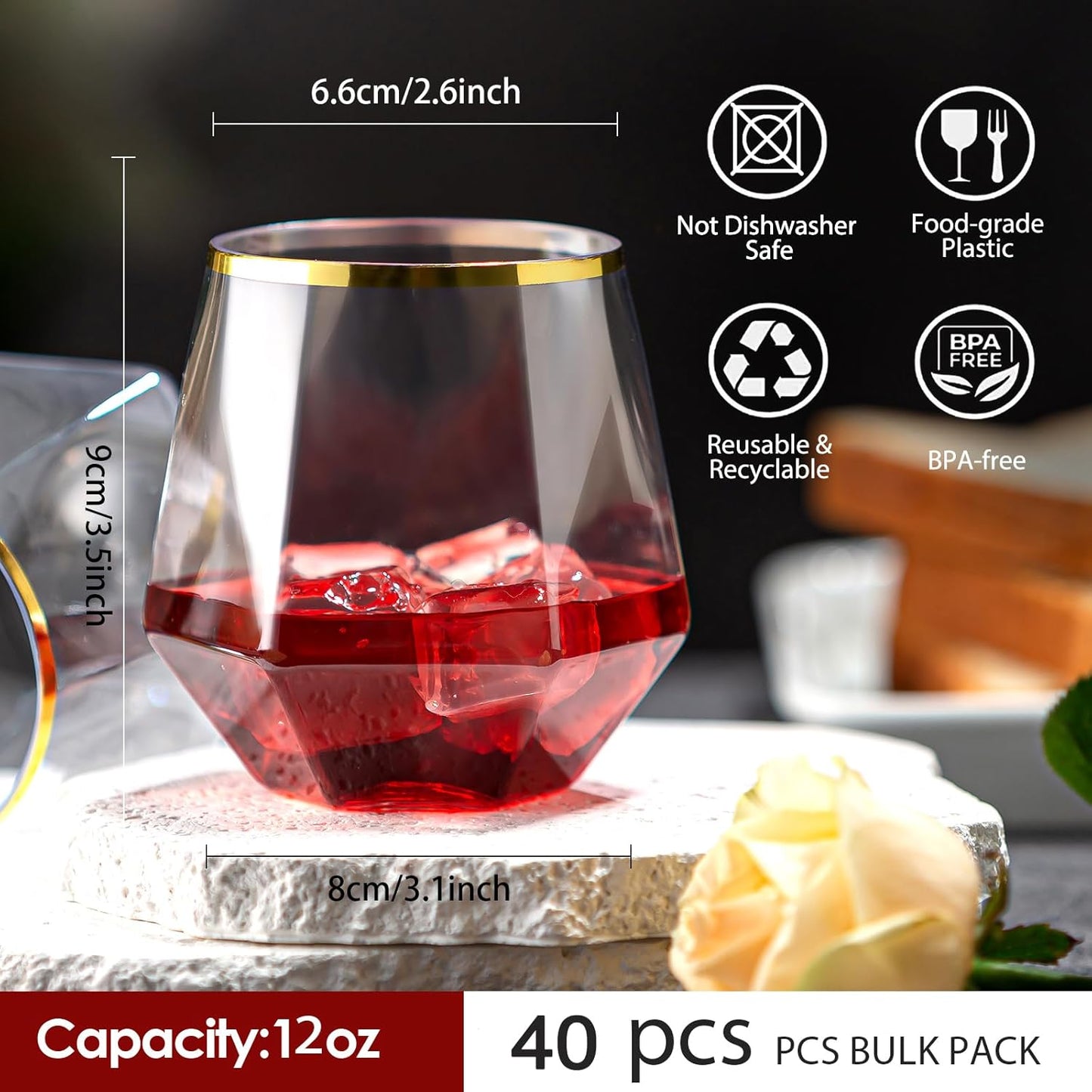 40 Pack Diamond Plastic Wine Glasses,Unbreakable Stemless Whiskey Cocktail Wine Champagne Glasses,12 Ounce Durable Disposable Cups Gold Rim for Parties, Weddings, Birthdays