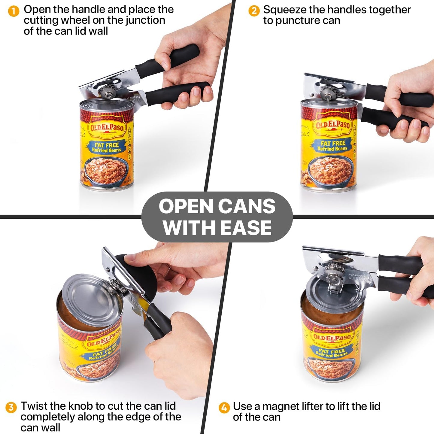 Can Opener Manual Heavy Duty,  Hand Held Can Openers for Seniors with Comfort Grip Sharp Blade, Solid Steel Hand Manual Can Open with Magnet for Kitchen Camping, Black