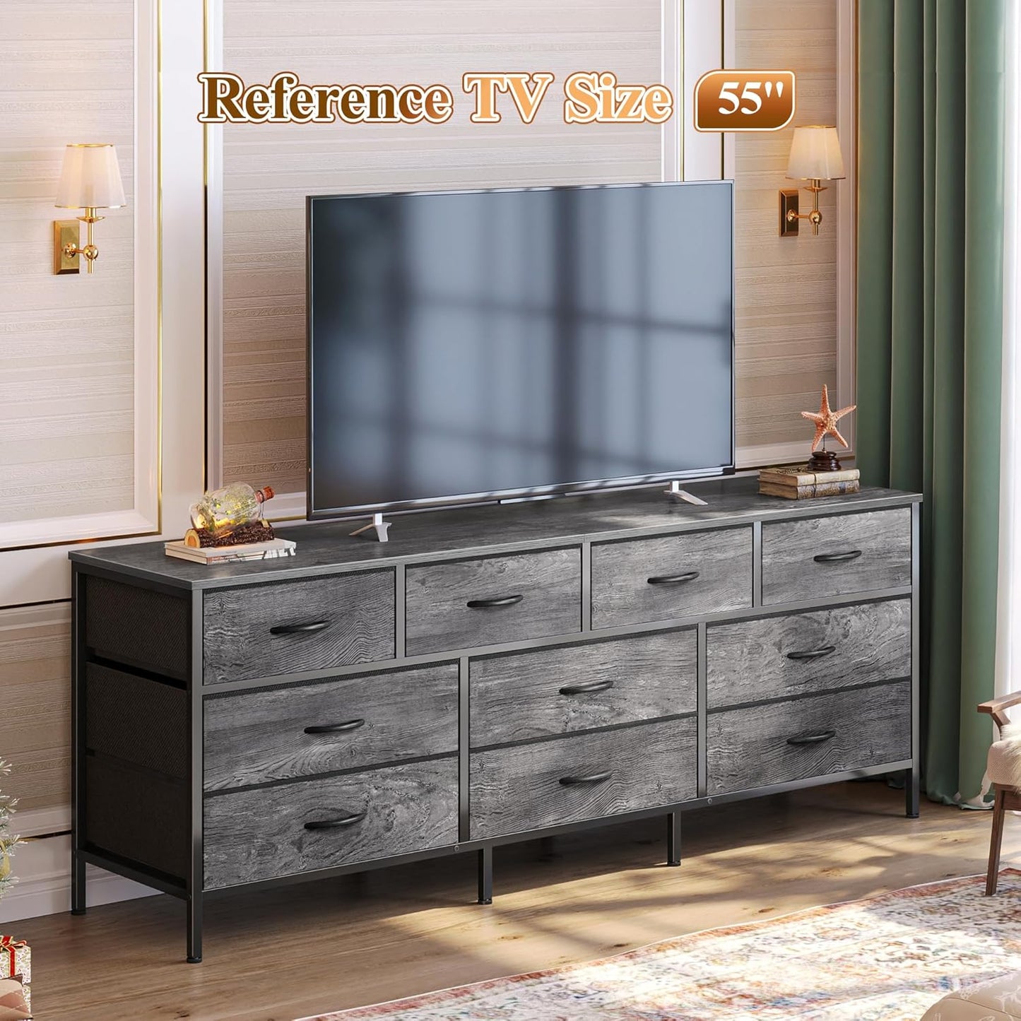 63-Inch Bedroom Dresser with 10 Fabric Drawers, Versatile TV Stand for 55 to 70 Inch TVs, Grey Toy Storage Organizer for Closets