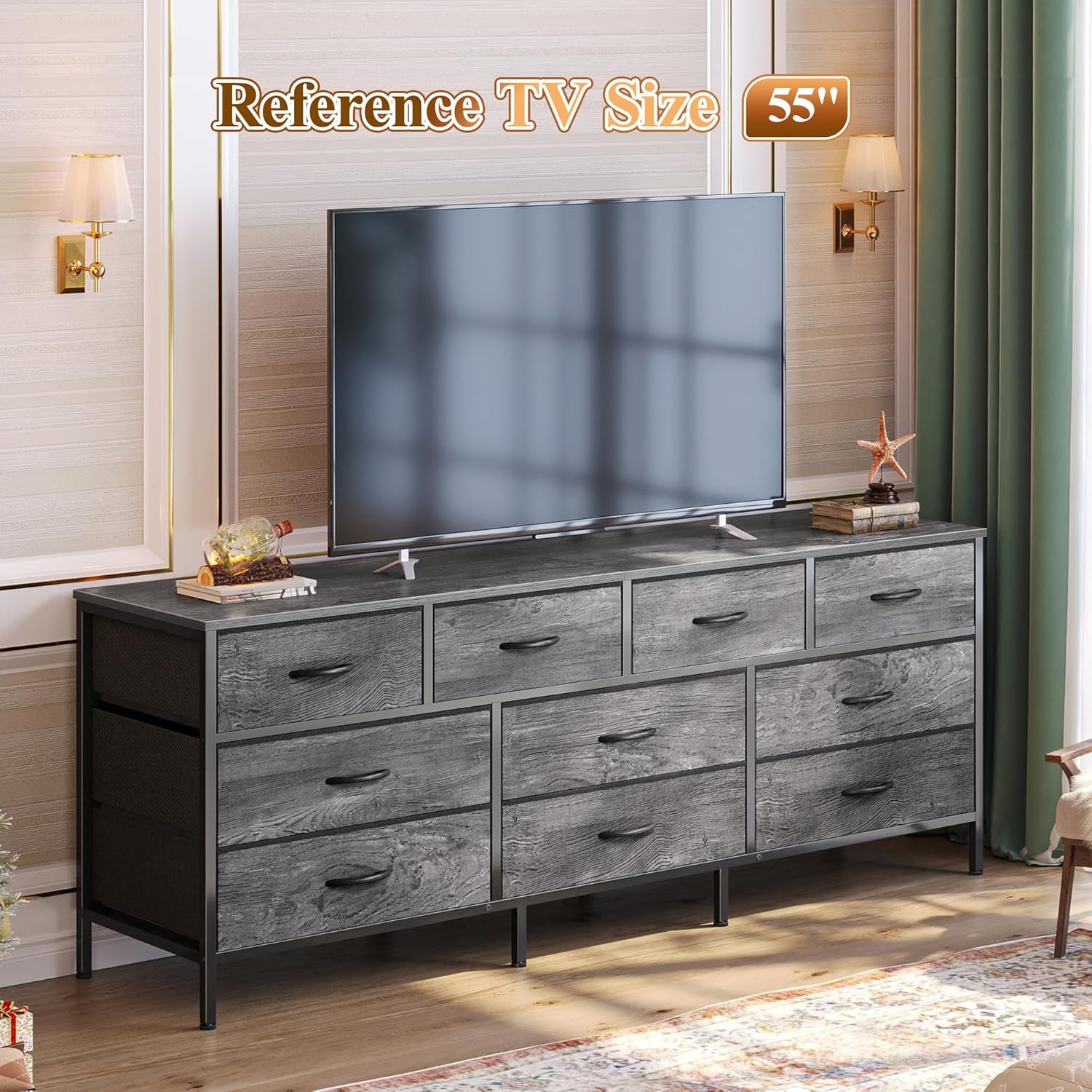 63-Inch Bedroom Dresser with 10 Fabric Drawers, Versatile TV Stand for 55 to 70 Inch TVs, Grey Toy Storage Organizer for Closets