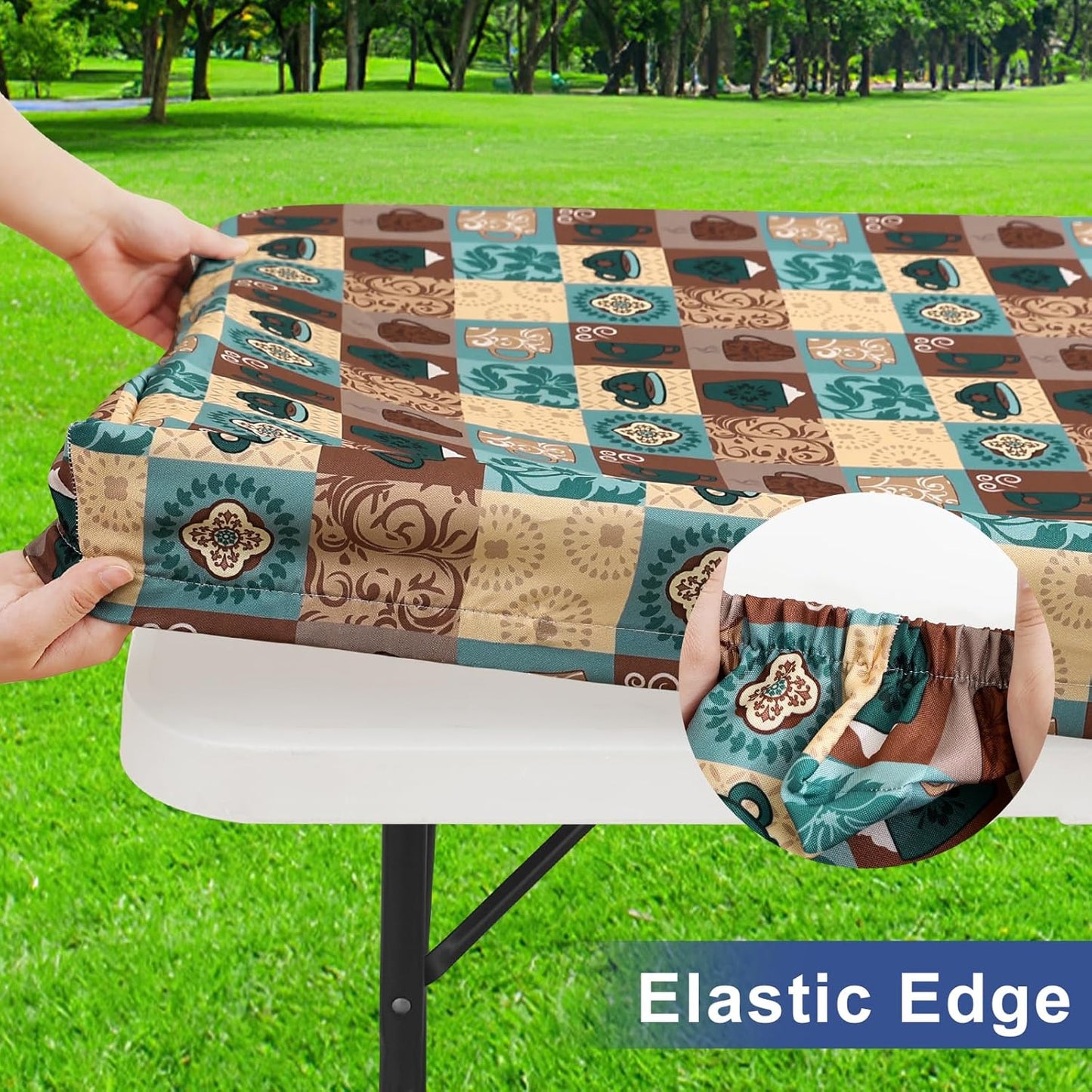 Rectangle Printed Fabric Tablecloth, Elastic Fitted Table Cloth for 6 Foot Table, Washable Polyester Table Cover for Outdoor, Picnic, Camping and Indoor, (Coffee Cup, 30" X 72")