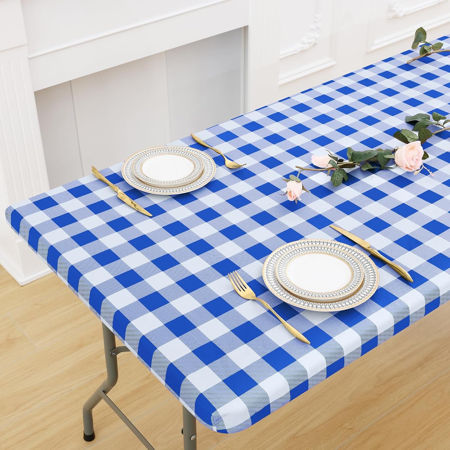 Buffalo Rectangle Picnic Tablecloth, 6 Foot Elastic Fitted Vinyl Table Cloth with Flannel Backing, Waterproof Plaid Table Covers for Dining, Camping, Outdoor (Blue and White, 30" X 72")