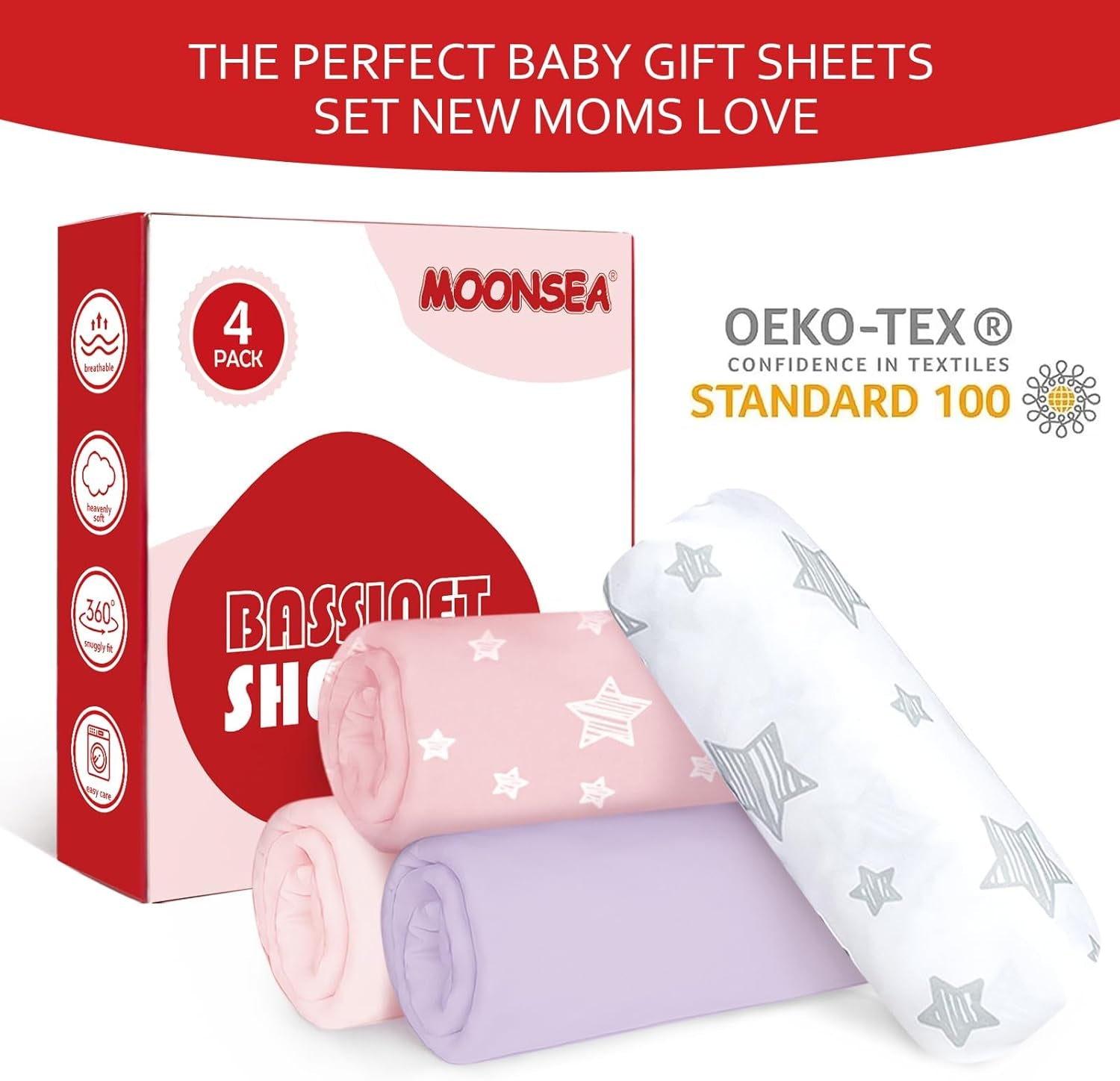 Bassinet Sheets for Baby Boys Girls 4 Pack(33" X 20"), Compatible with Airclub, Mika Micky, Baby Delight, Dream on Me, Koola, AMKE and Other Rectangle Bassinet Mattress, Pink
