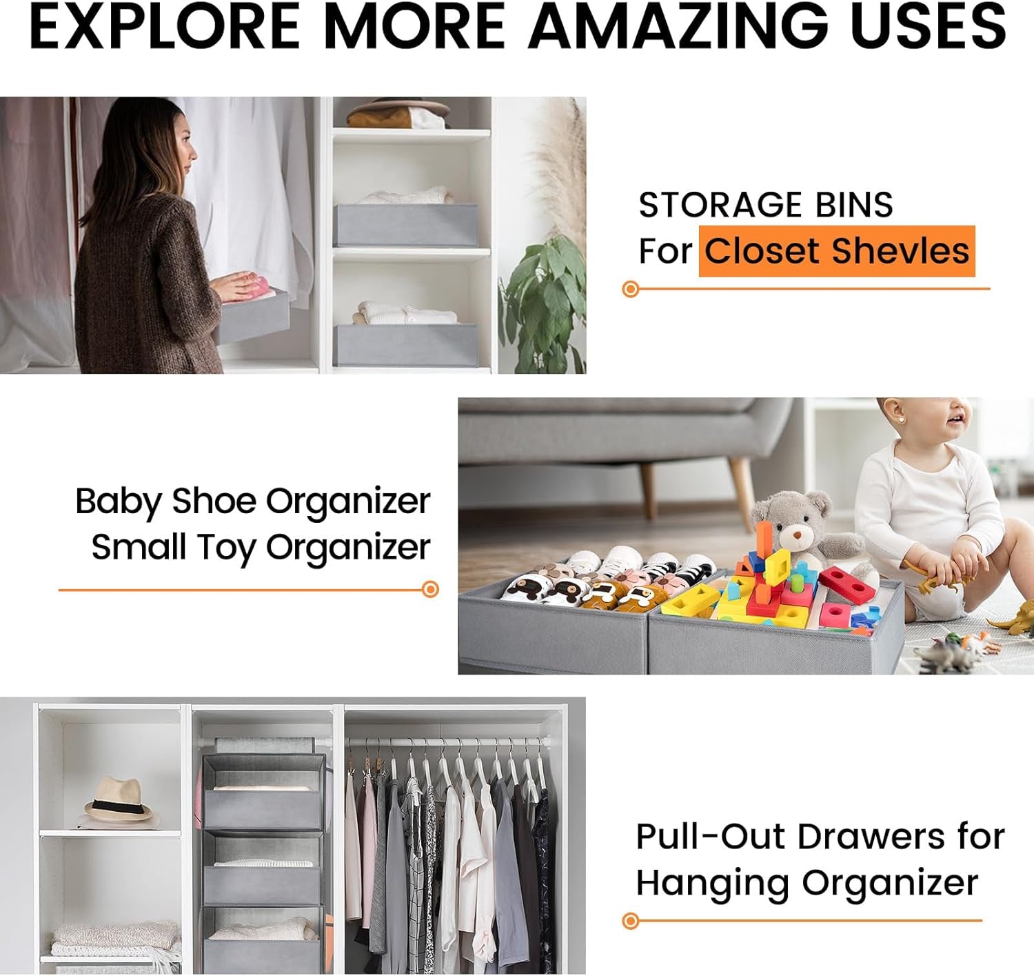 20 Pack Drawer Organizer Bins - Grey Fabric Closet Organization and Storage Dividers for Baby Clothes, Adult Socks, Underwear, Bra, Etc.