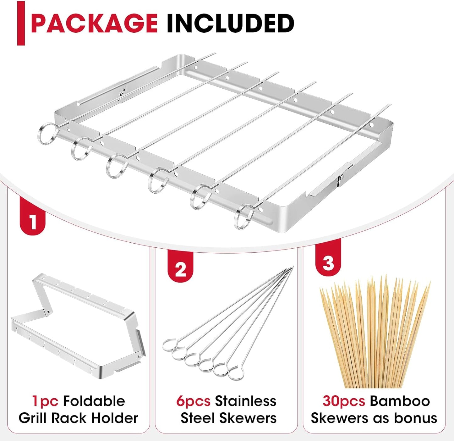Stainless Steel BBQ Shish Kabob Set, Foldable Shish Kabob Holder with 6Pcs 13"L Skewers, Reusable Grill Rack, Comes with 30Pcs 12.5"L Bamboo Skewers for Party and Cookout
