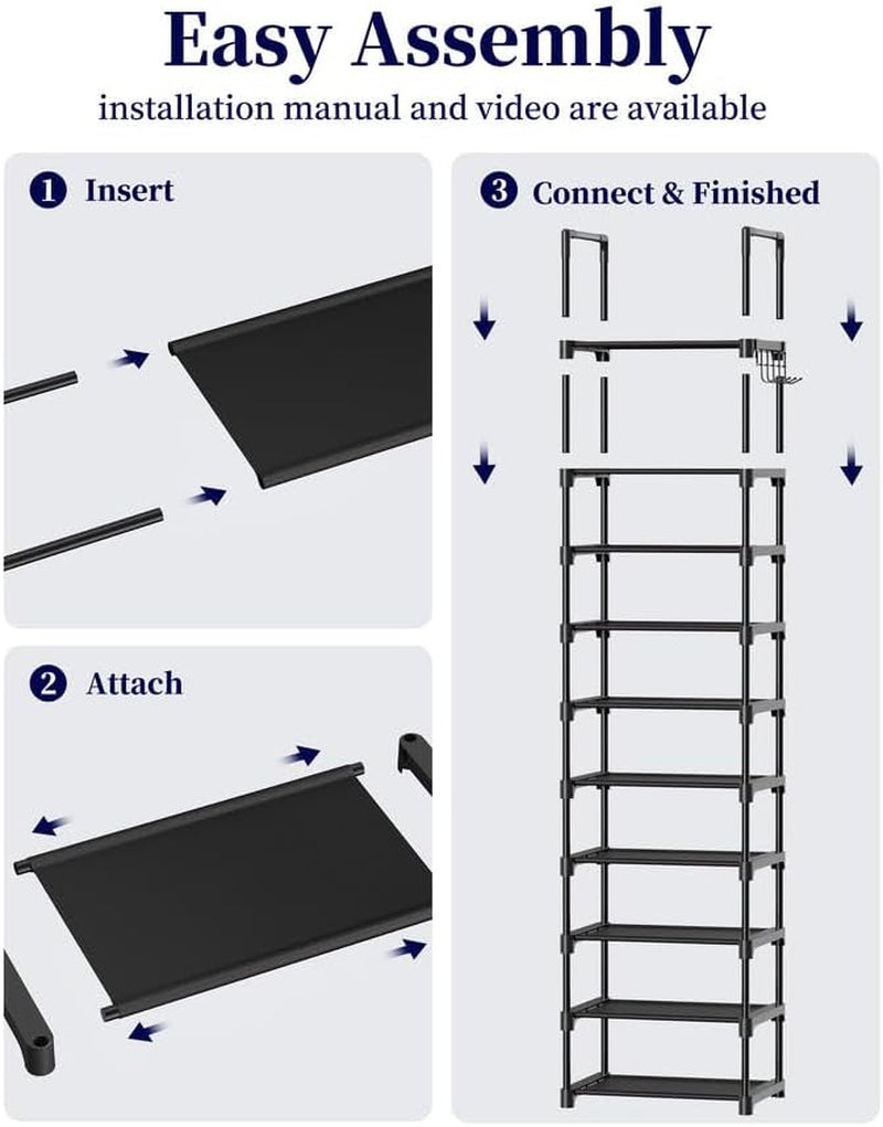 Shoe Rack - 10-Tier Shoe Organizer with Detachable Fabric Shelves & Metal Frame, Tall Shoe Rack for Closet, Entrance, Living Room, 16.9" X 11.8" X 68.5", Black