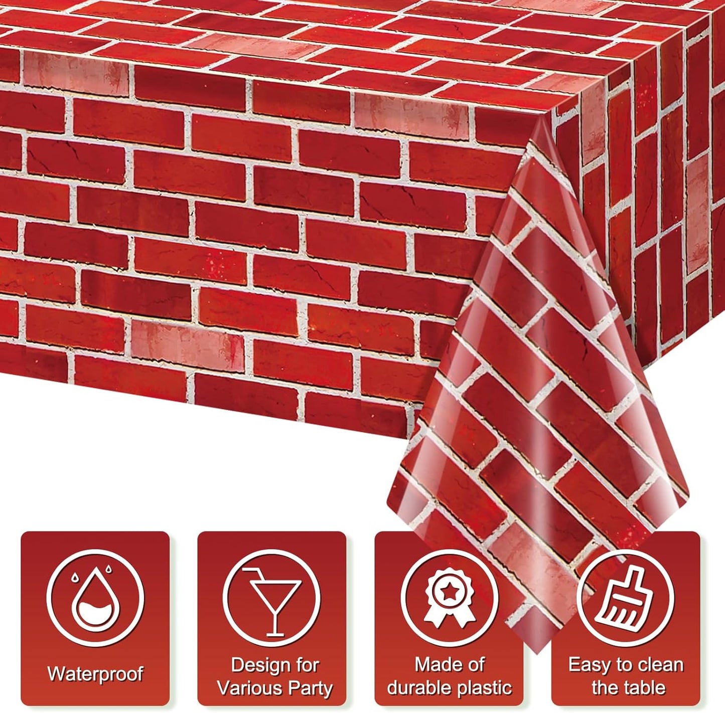 3 Pack 108X54 Inch Red Brick Tablecloth,Brick Wall Backdrop Wallpaper Disposable Plastic Rectangular Table Covers Background for School Home Birthday Holiday Halloween Christmas Party Decorations