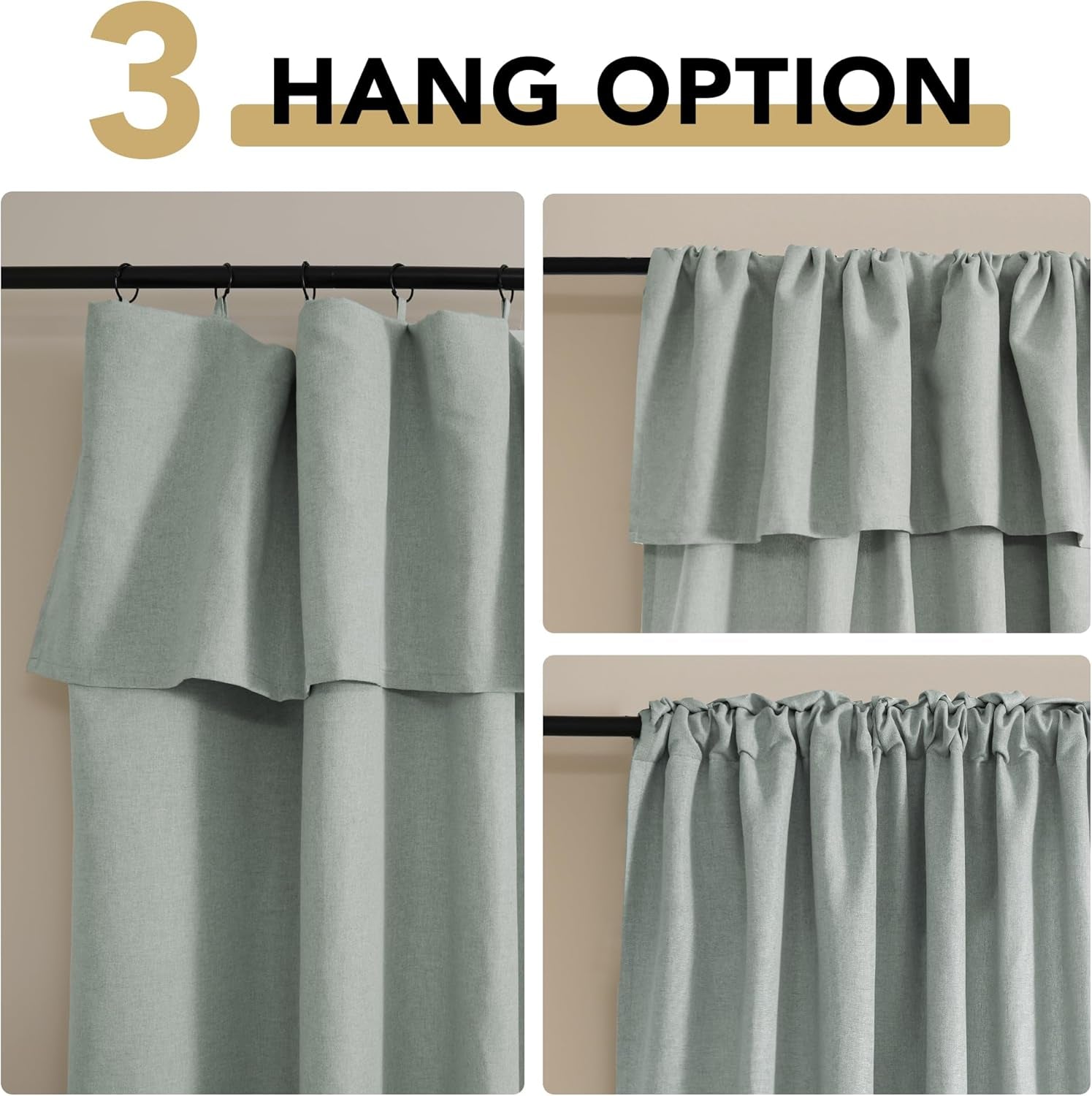 Linen Curtains with Valance 63 Inch Long 2 Panels Farmhouse Boho Privacy Window Curtains for Living Room Bedroom Ring/Rod Pocket Privacy Light Filtering Drapes, 52X 63 Inch, Heather Sage