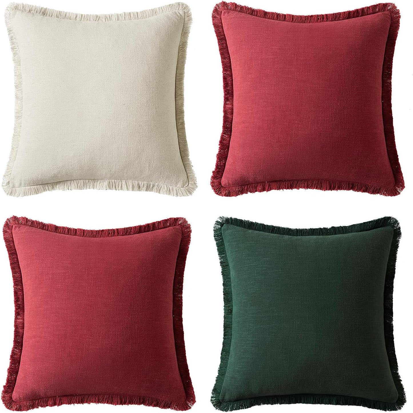 Linen Pillow Covers 18X18 Inch Decorative Throw Pillows with Fringe Pack of 4 Soft Farmhouse Boho Couch Pillows Home Decors for Sofa Cushion Living Room Bed Dark Green and Burgundy