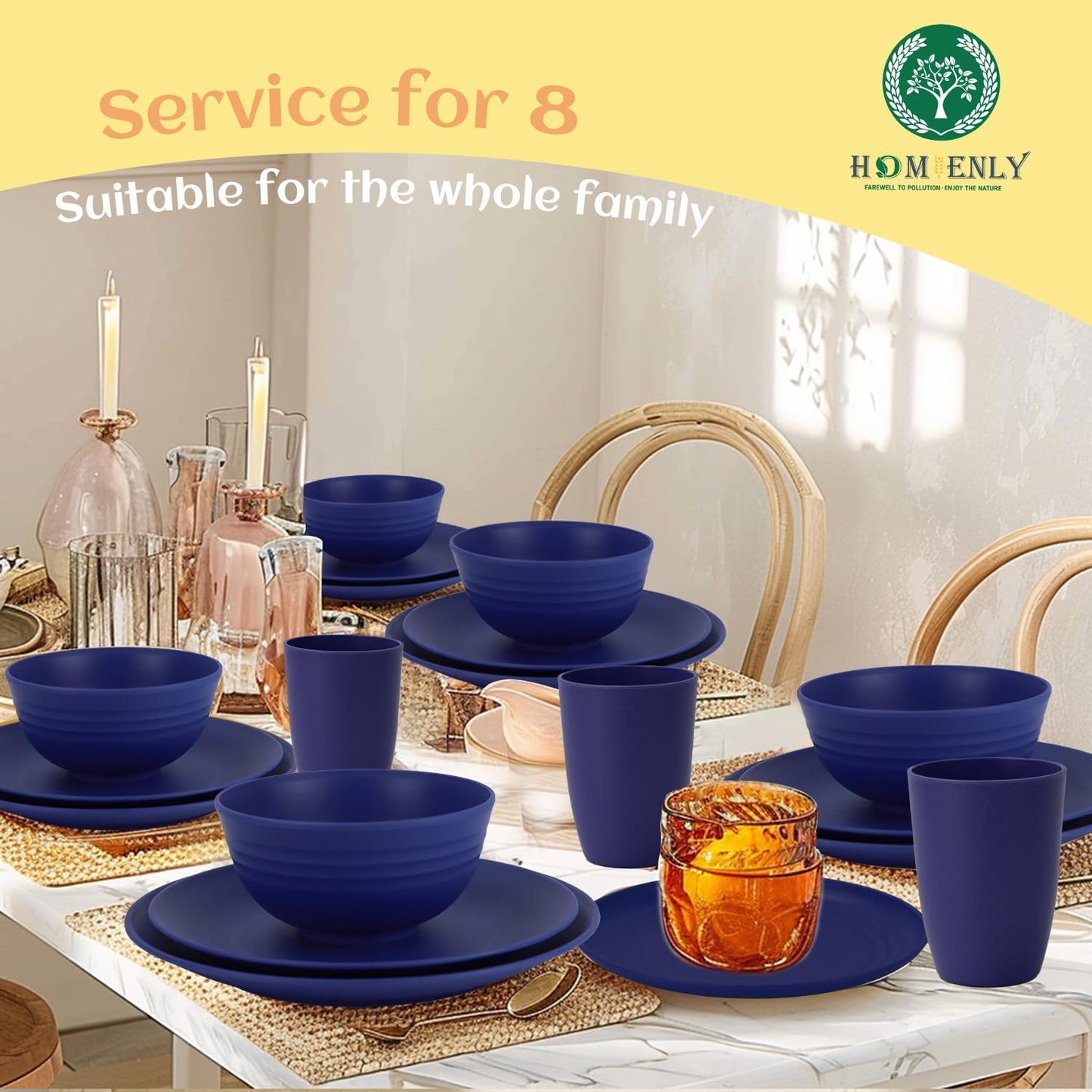 Wheat Straw Dinnerware Set for 8 - 40 Pieces Including Dinner Plates, Cups, and Pasta Bowls - Microwave Safe - Blue